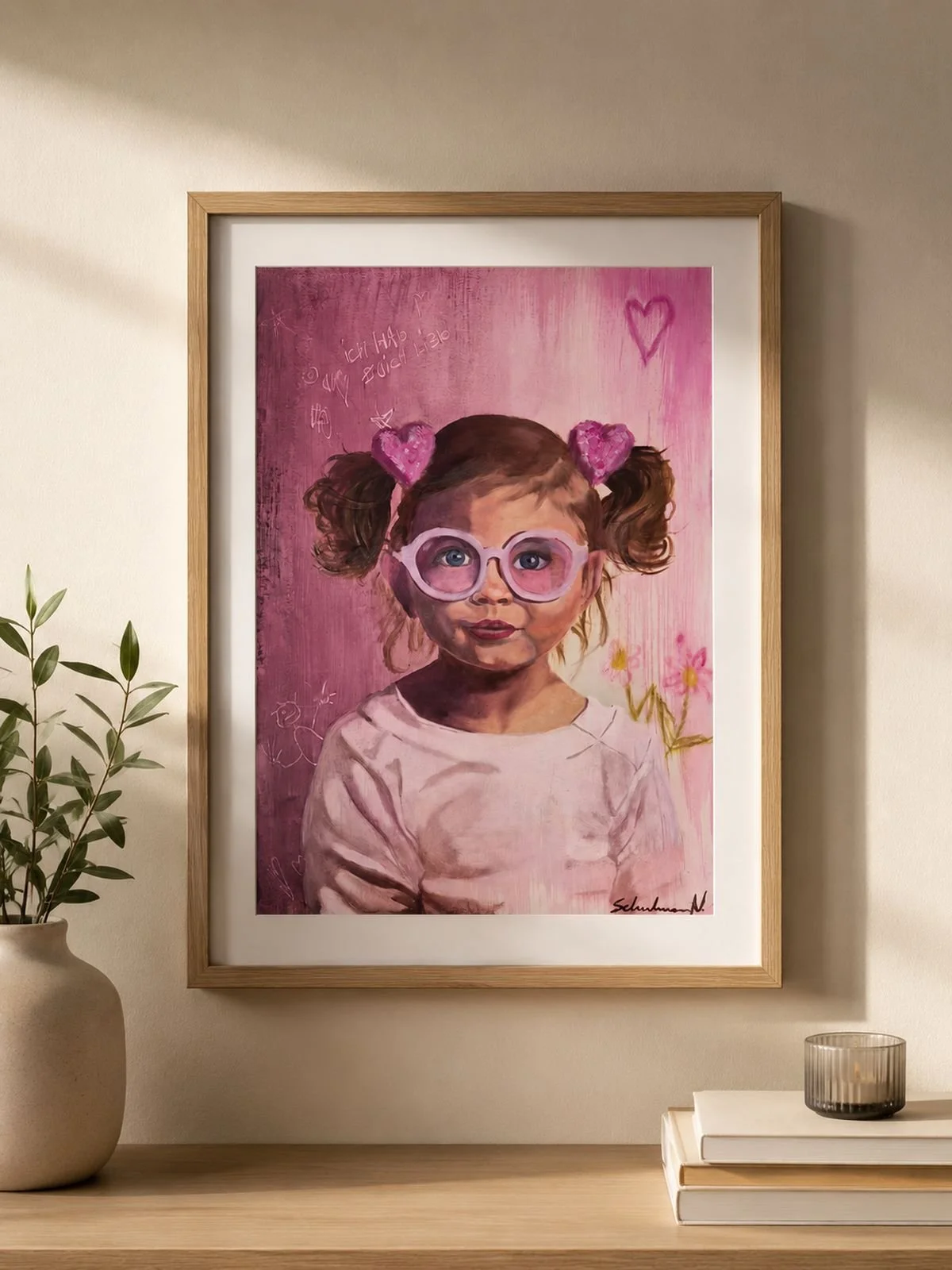 Ölportrait eines Kindes mit personalisiertem Hintergrund und symbolischen Elementen