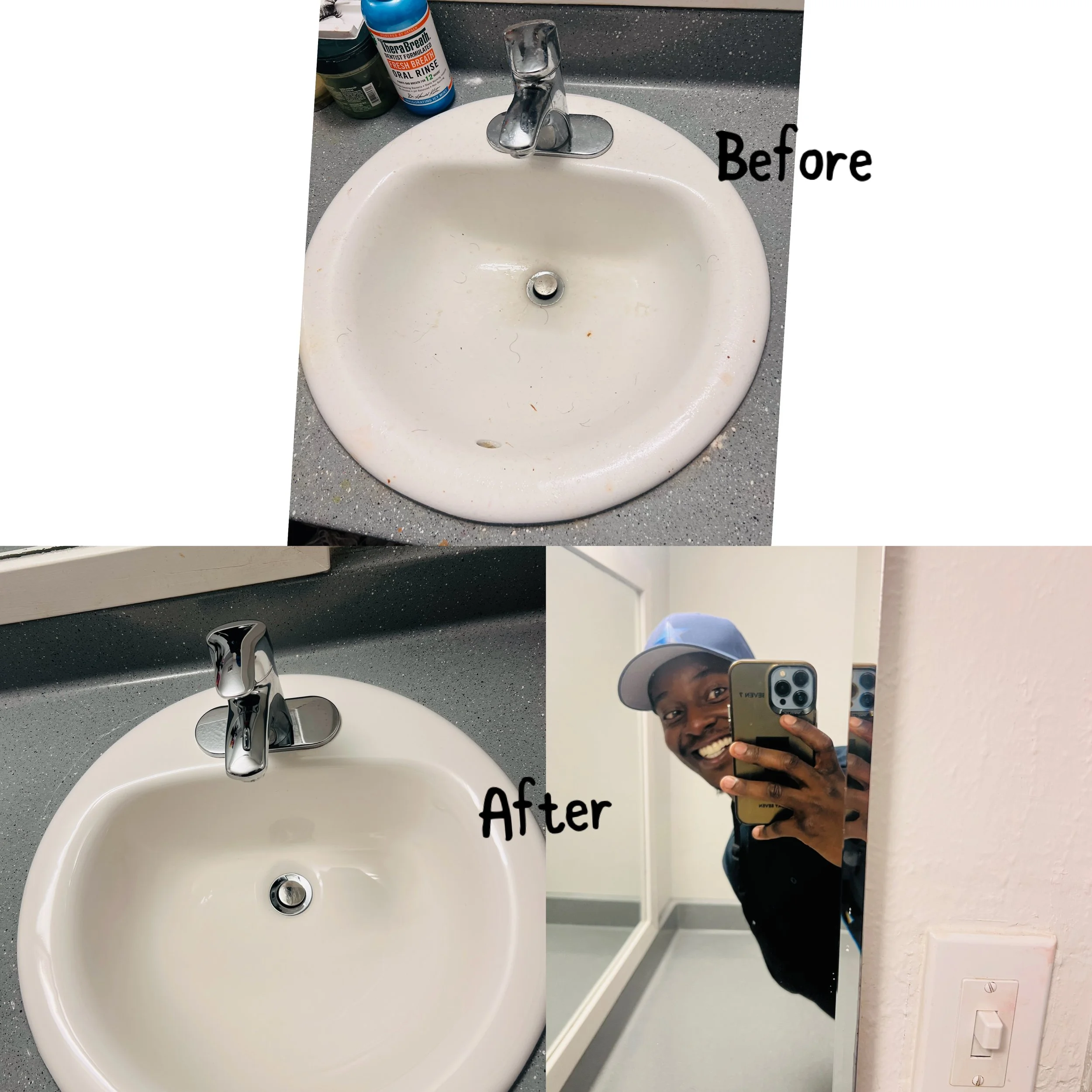 Before: Dirty bathroom sink with visible stains and debris, toiletries on the counter. After: Clean bathroom sink with shiny surface, and a smiling person taking a selfie in a mirror.