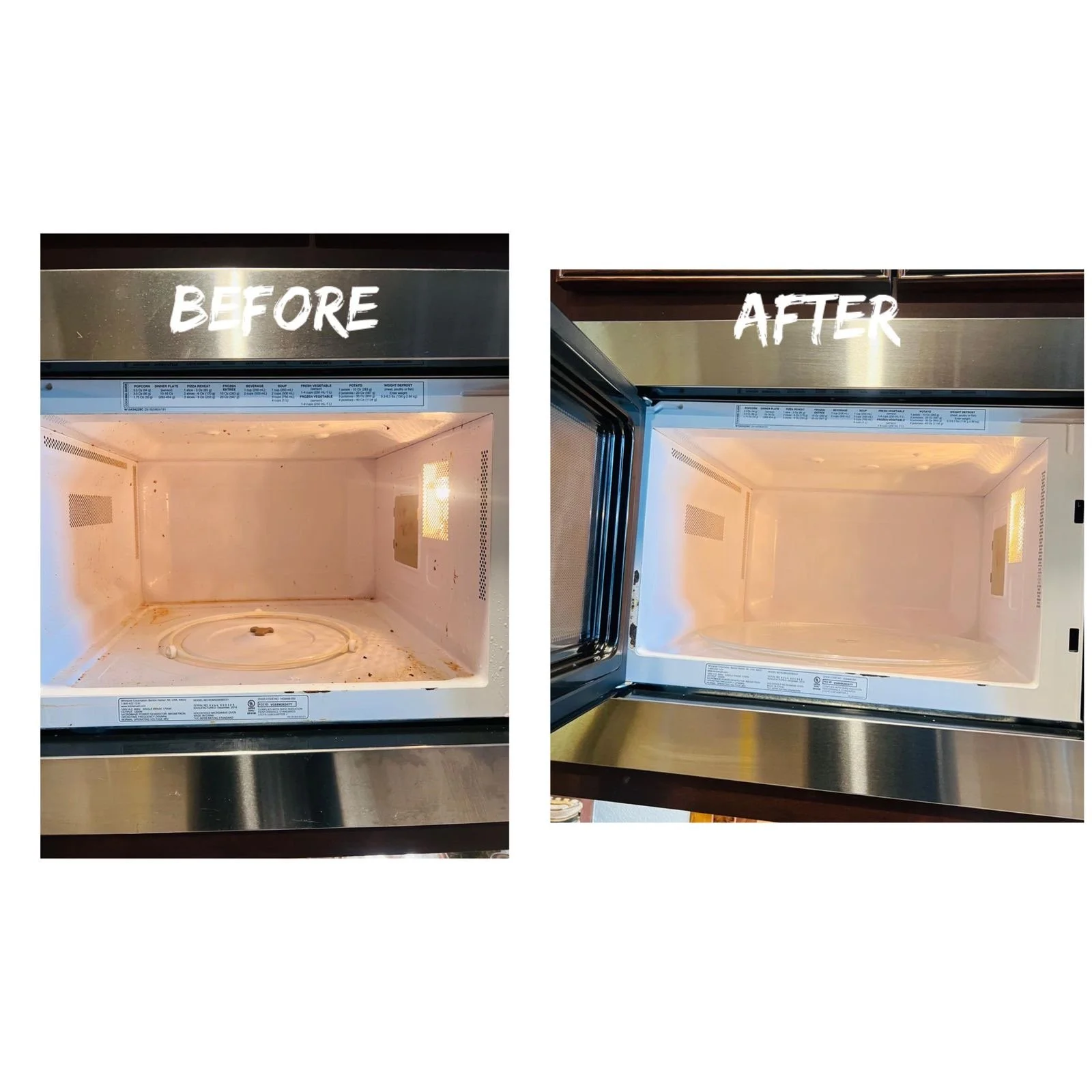 Comparison of a microwave oven interior before and after cleaning, showing a cleaner interior in the after image.
