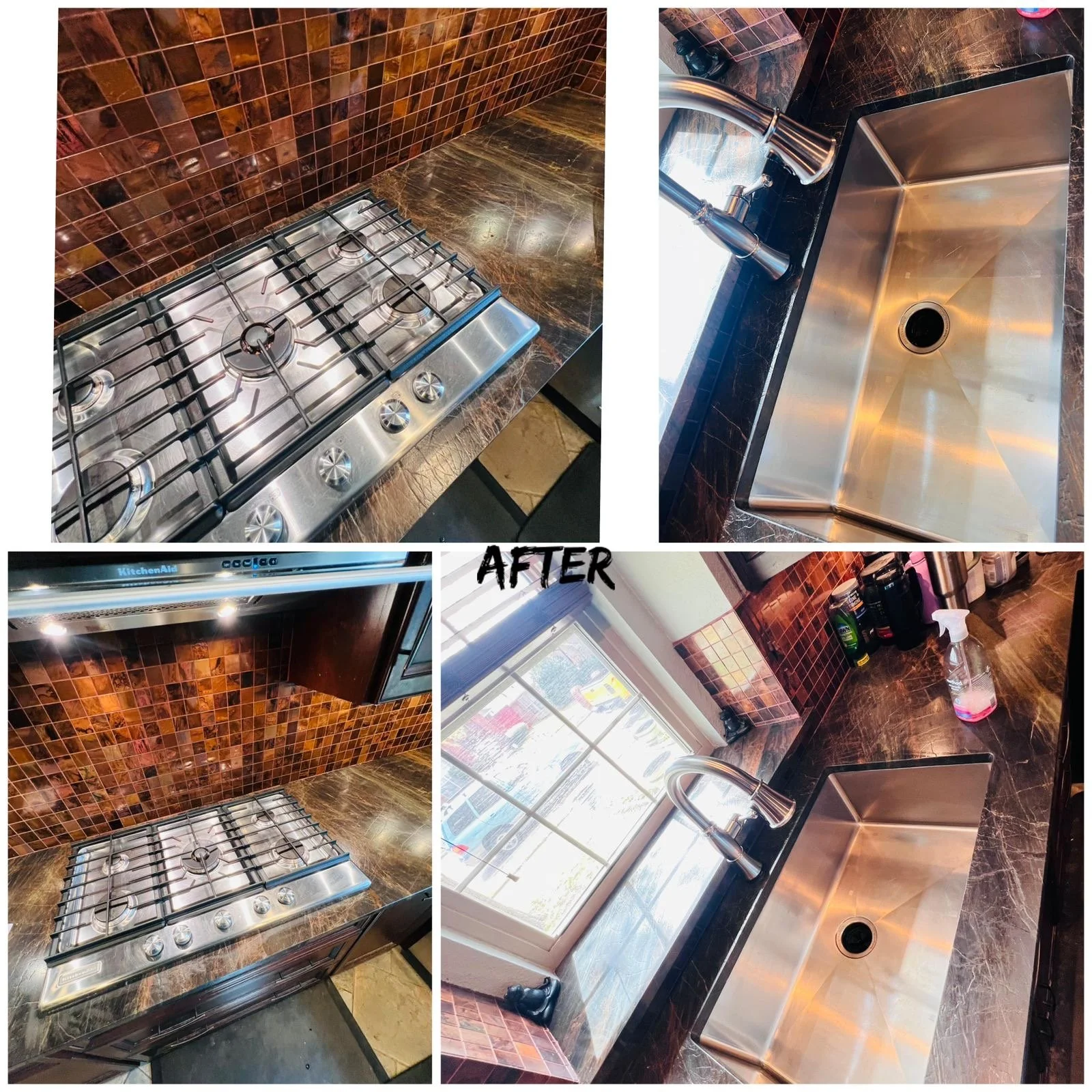 Before and after images of a kitchen countertop, showcasing a stainless steel sink and cooktop. The top row includes the cooktop and sink before cleaning, and the bottom row shows the cleaned sink and a brighter window area. The kitchen has dark marb