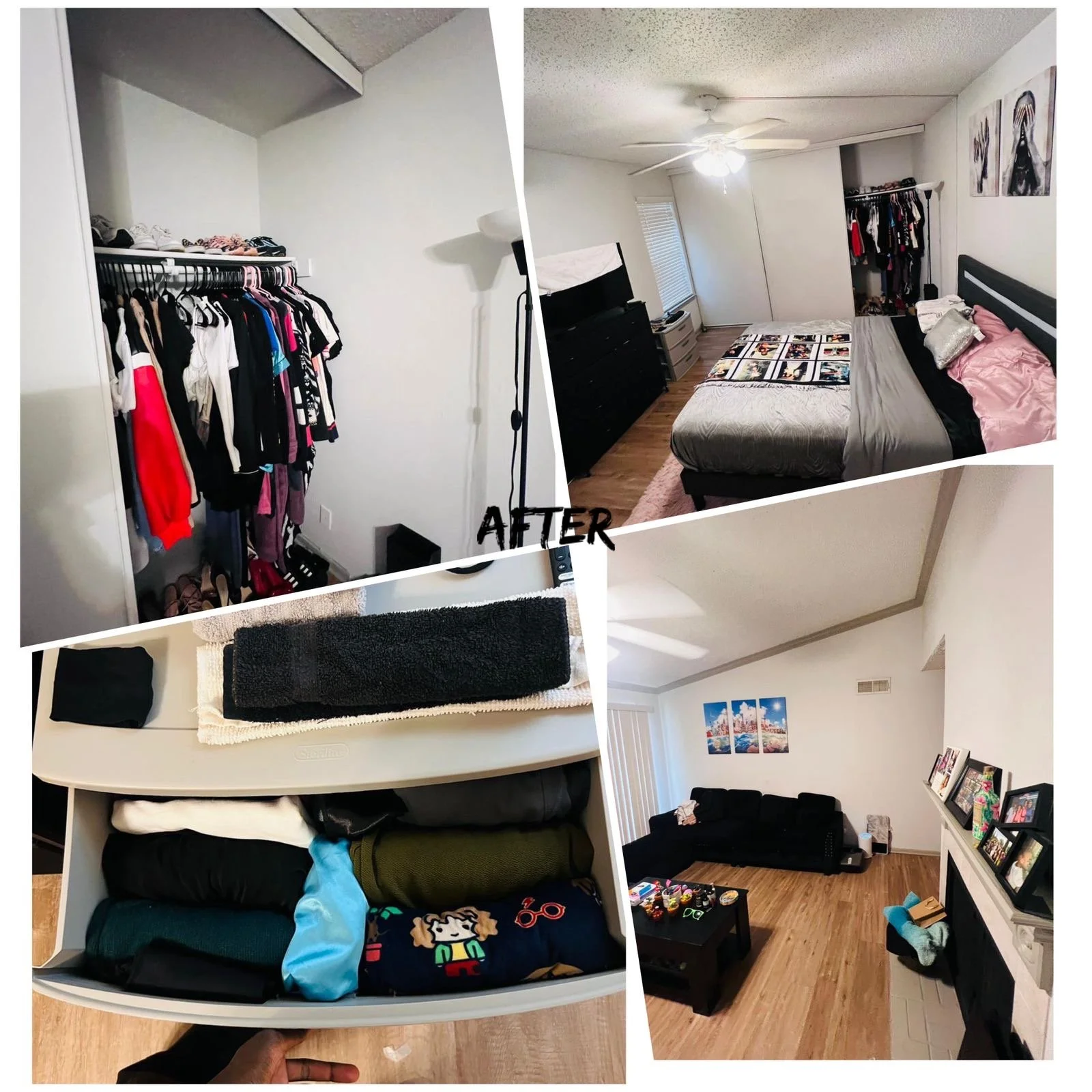 A collage showing a bedroom before and after cleaning. The top left image shows an empty closet with clothes on a rack. The top right image shows a tidy bedroom with a bed, dresser, and an open closet with clothes. The bottom right image shows the li