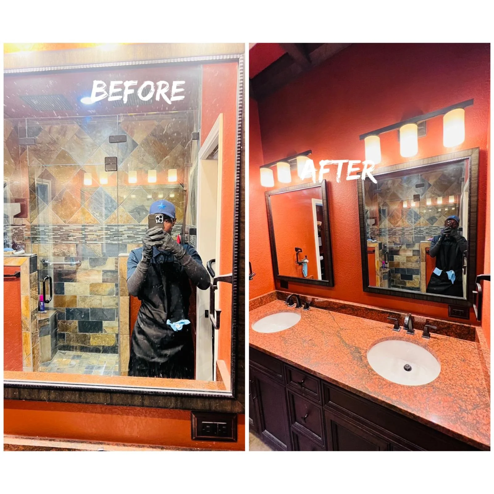 Side-by-side comparison photo showing a bathroom mirror labeled 'Before' on the left and 'After' on the right. The 'Before' mirror has a dirty appearance, reflecting a person taking a photo, a shower with tiles, and a bathroom corner. The 'After' mir