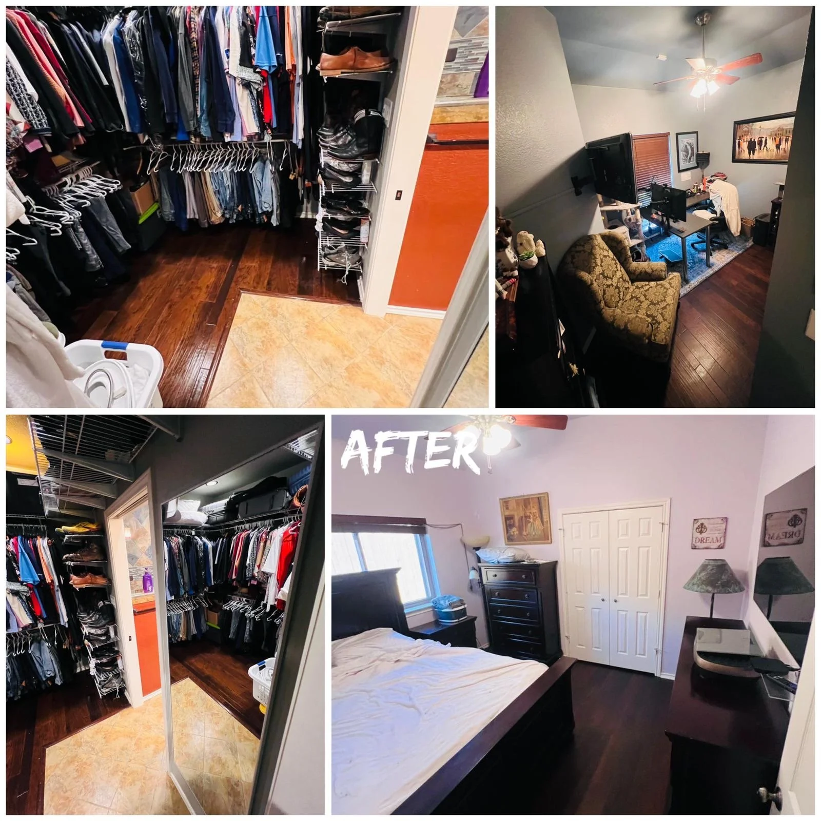 Comparison of bedroom and closet space before and after renovation. Top left shows a walk-in closet with organized clothing and accessories. Top right displays a bedroom with a TV, desk, and vintage armchair. Bottom left shows the closet with a mirro