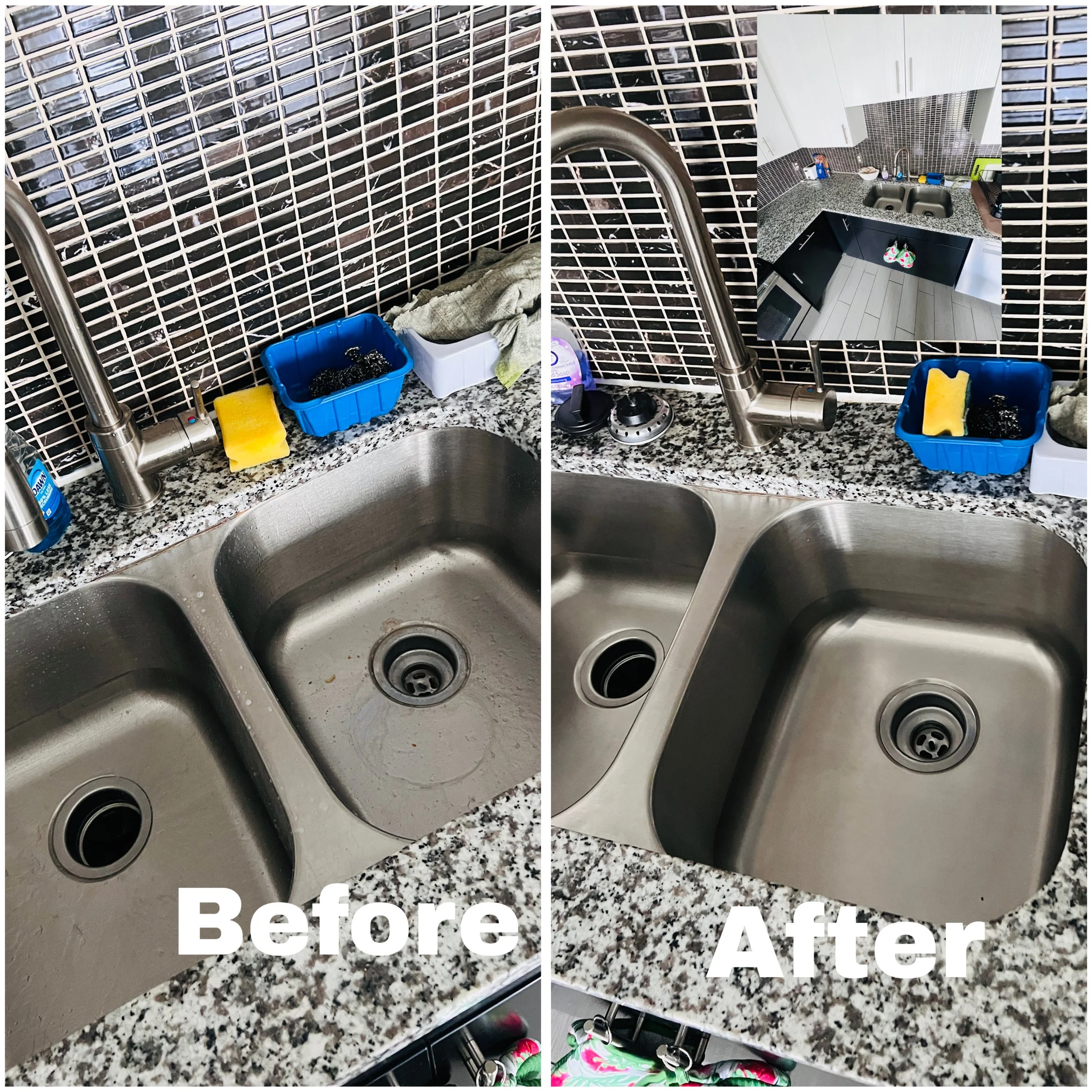 Comparison of kitchen sink before and after cleaning, showing a stainless steel double basin sink with a granite countertop, dirty before and shiny after, with a yellow sponge, black scrubby, and other kitchen items nearby.
