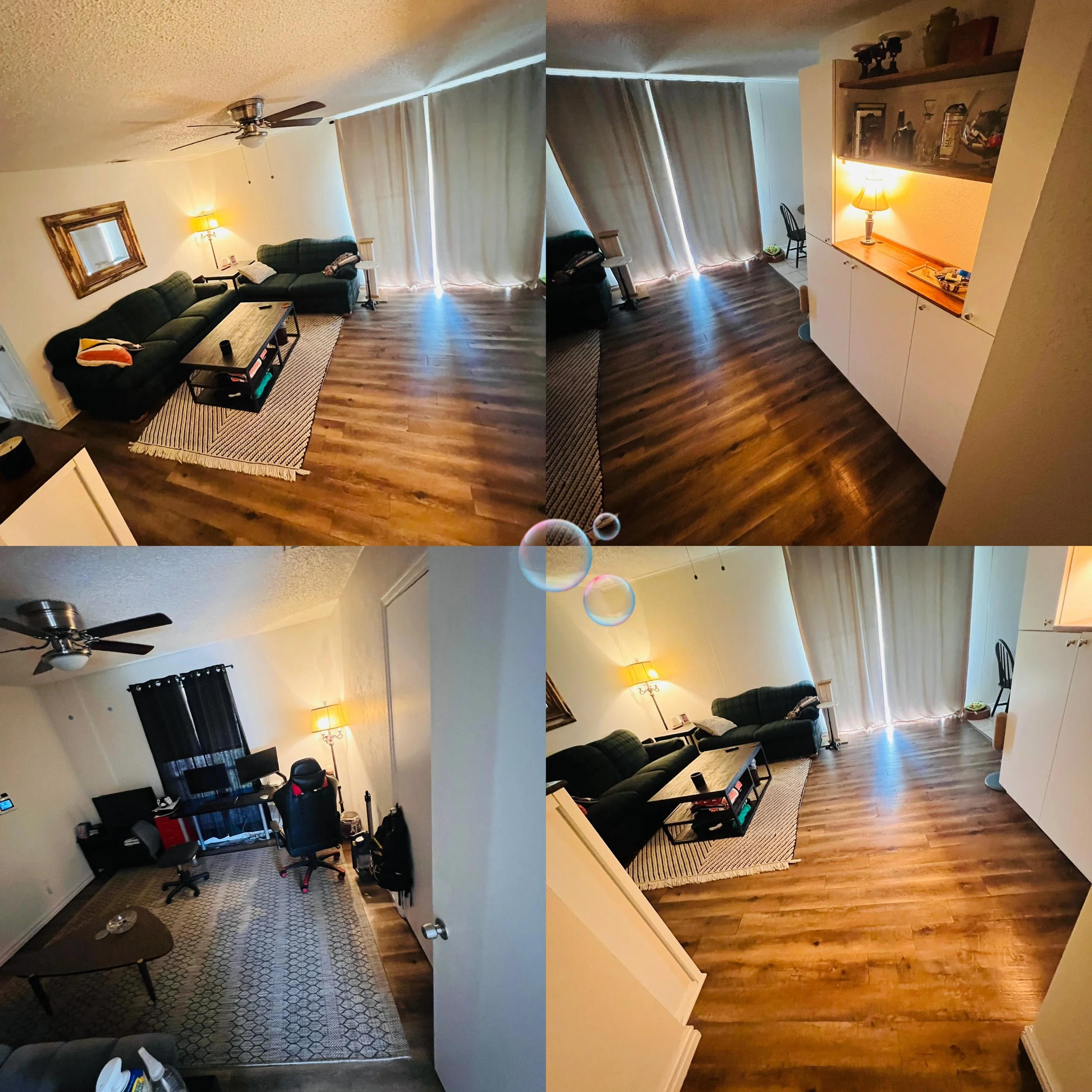 Composite image showing four views of a living room and home office. The living room has a dark sofa, a coffee table, a wall mirror, a floor lamp, and curtains covering large windows. The floor is wood. The home office features a desk with a computer