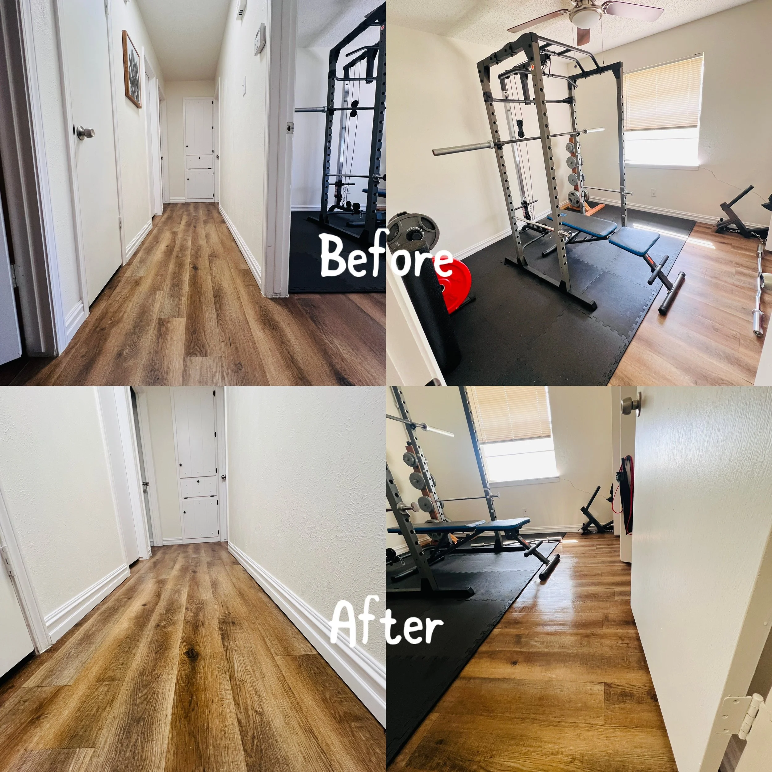 Comparison of a hallway and a home gym before and after renovation. Top images show the hallway with light-colored walls and new wooden flooring, and the gym with exercise equipment on a black mat. Bottom images show the same hallway and gym after re