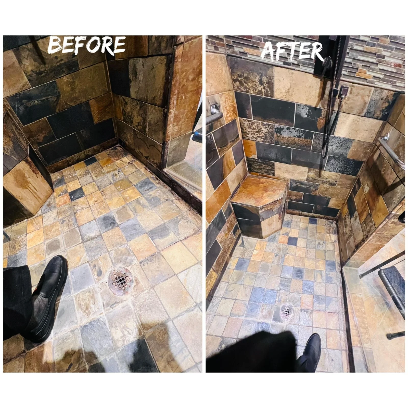 Comparison of a shower stall before and after cleaning, showing tiled surfaces and a drain.