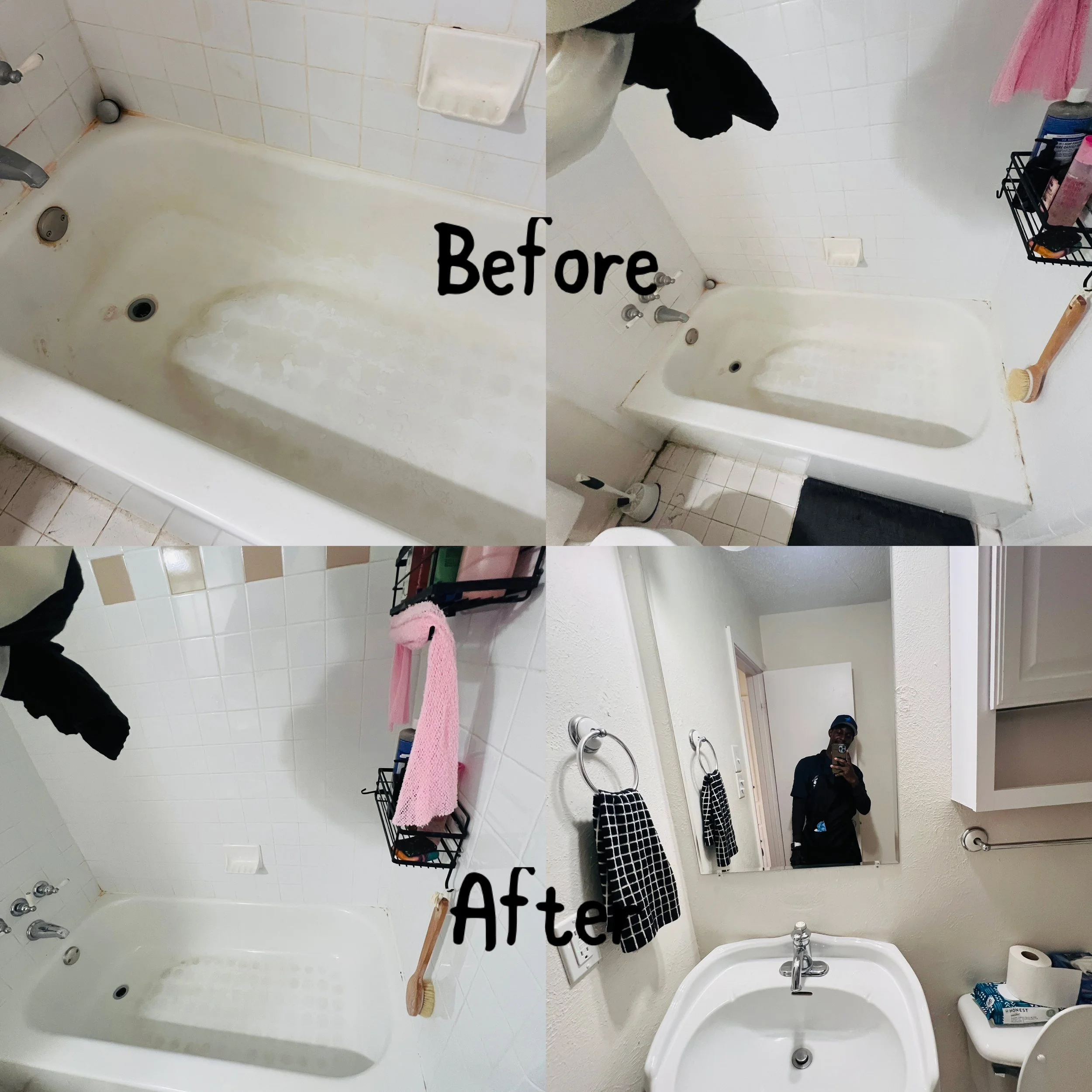 Comparison photo of a bathroom bathtub and sink before and after cleaning. The 'before' images show a dirty bathtub with stains and grime, while the 'after' images show a clean, white bathtub and a clean bathroom sink with a mirror.