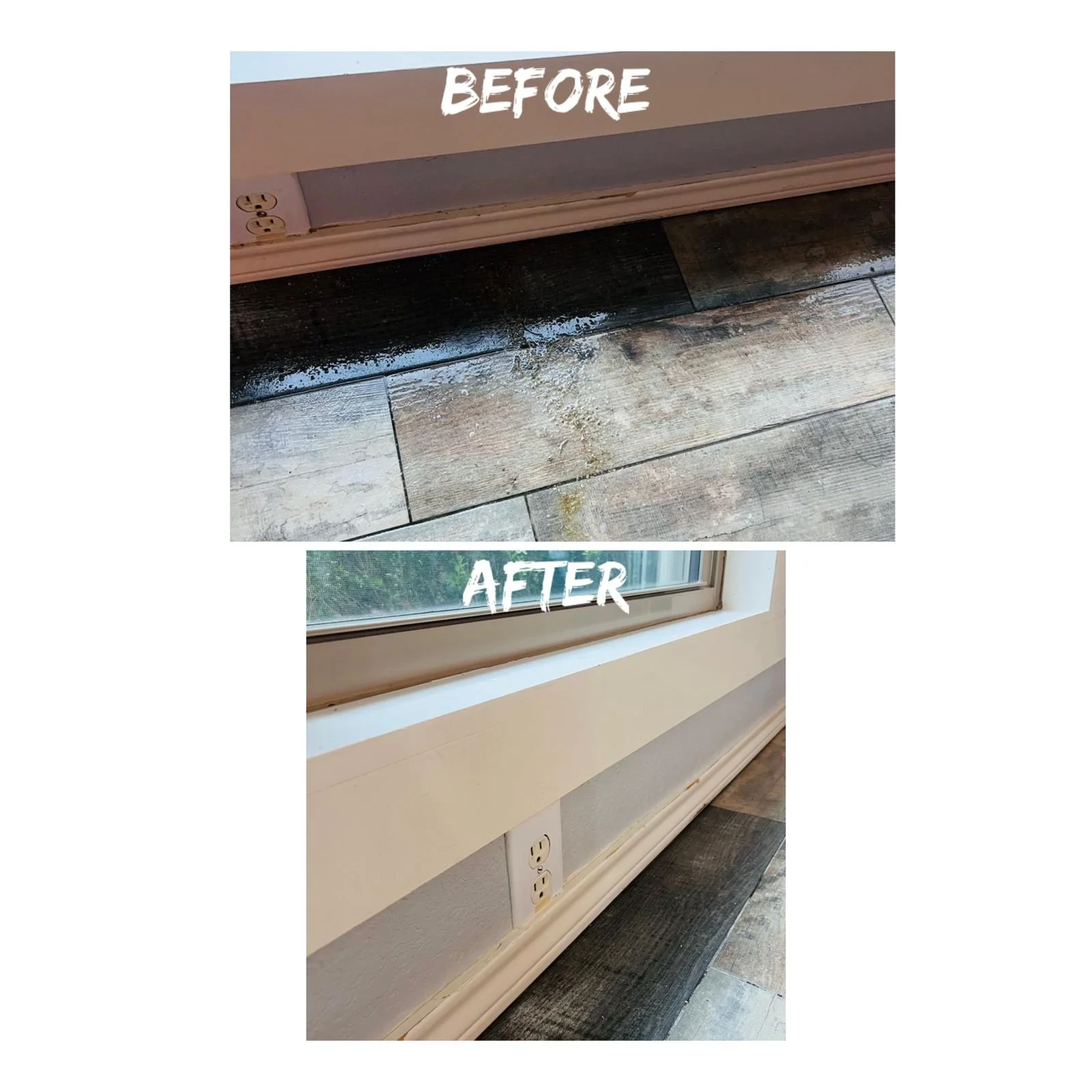 Comparison of a dirty, wet, and stained floor with a clean, dry, and restored floor after cleaning