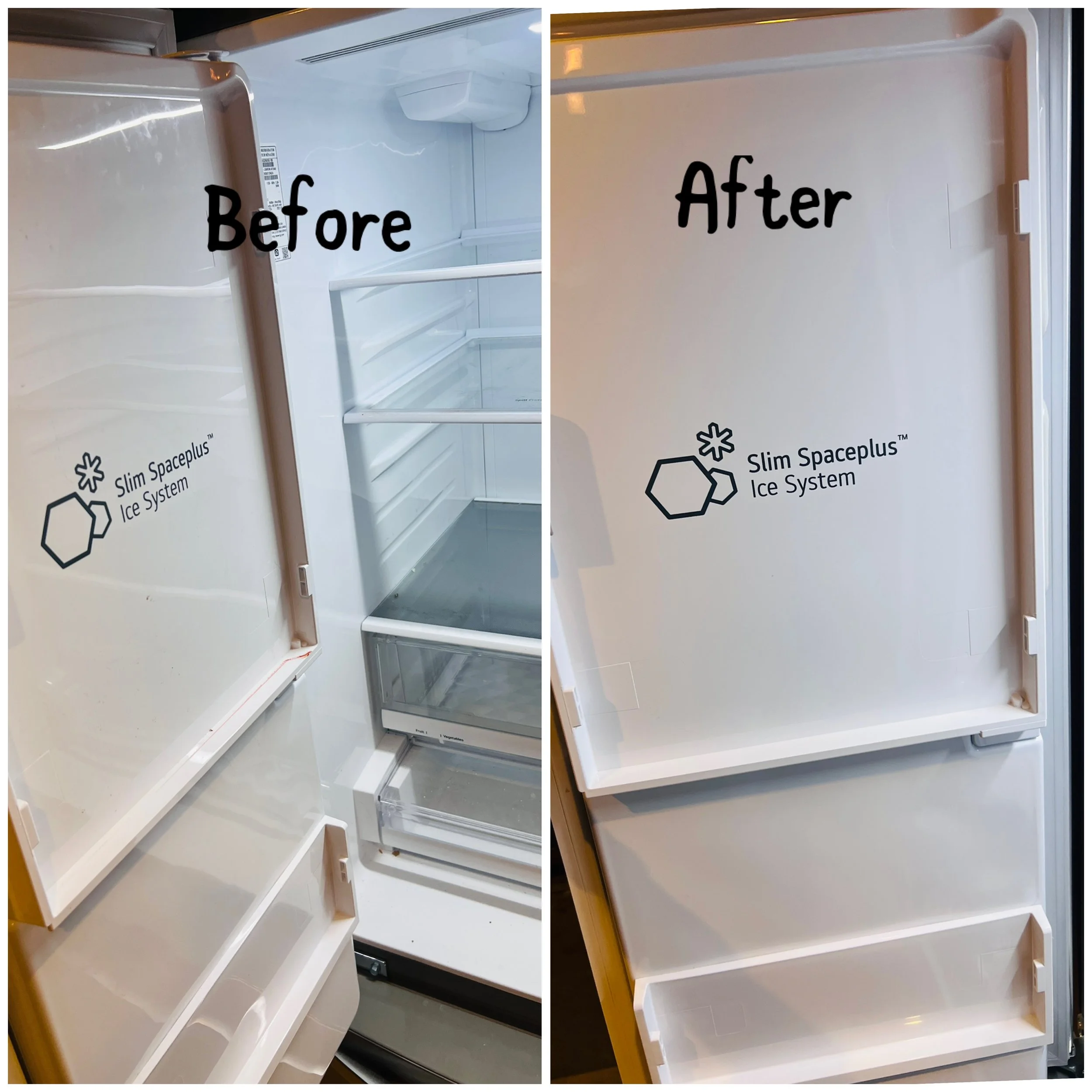 Inside of a refrigerator showing empty shelves, labeled 'Before' on the left, and the same refrigerator empty with no shelves, labeled 'After' on the right.