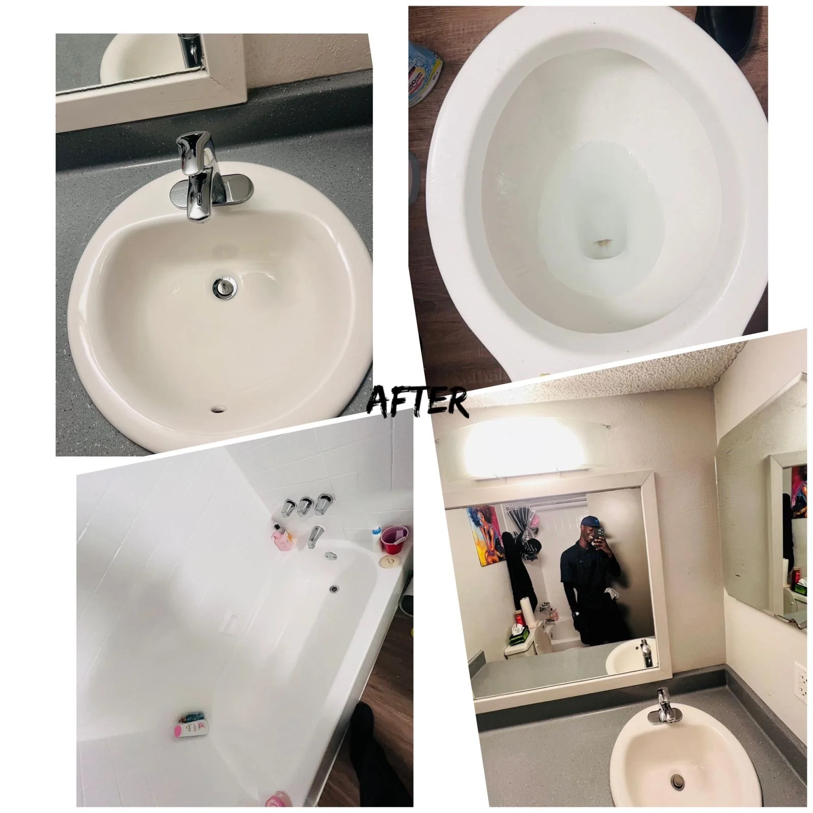 Before and after images of a bathroom renovation. The top left shows a beige sink with a chrome faucet on a gray countertop with a mirror behind it. The top right shows a white toilet with water inside. The bottom left shows a white bathtub with vari