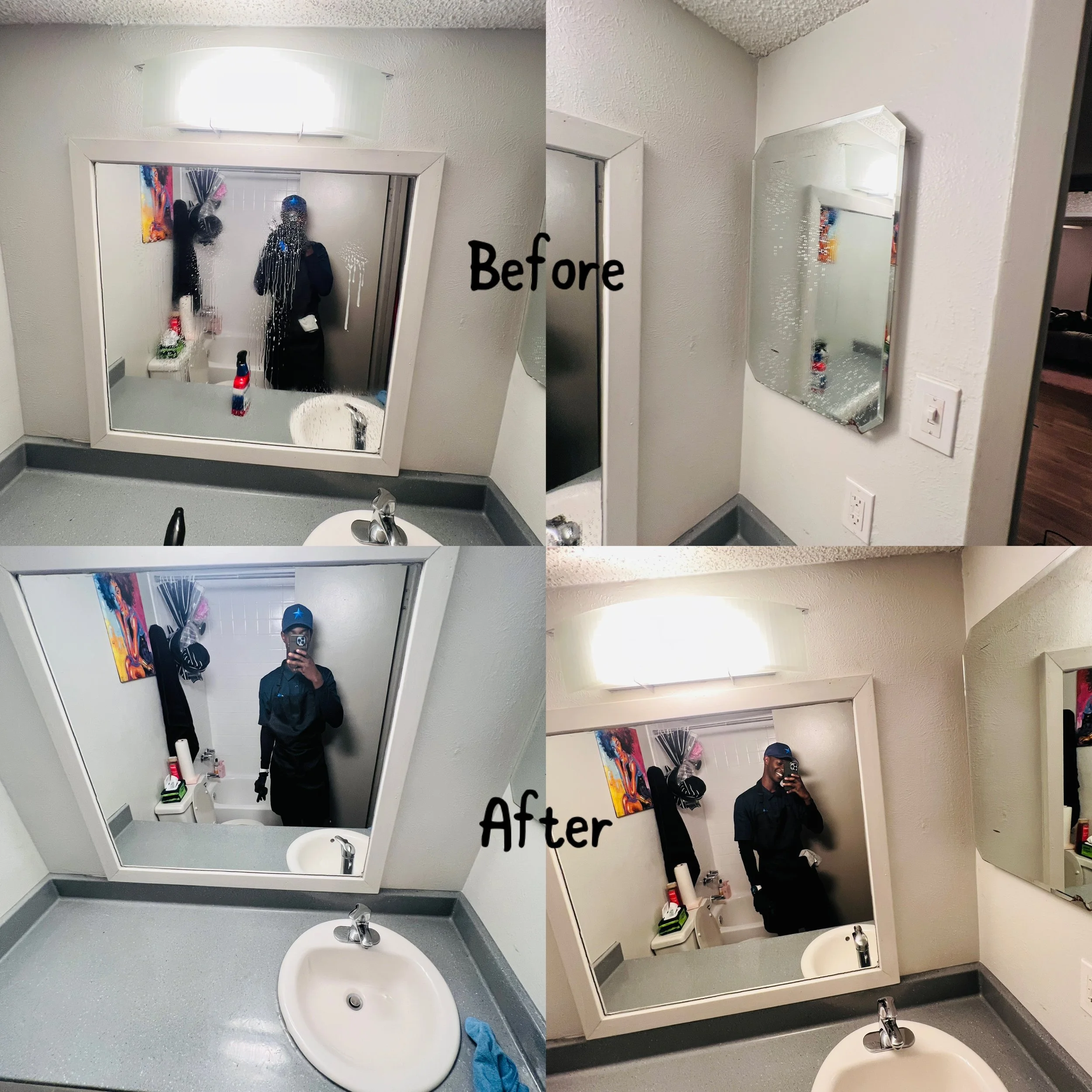 Comparison of a bathroom mirror and wall before and after cleaning; the 'before' images show a foggy, streaked mirror and dirt on the wall, while the 'after' images show a clear mirror and clean wall with a person taking a selfie.