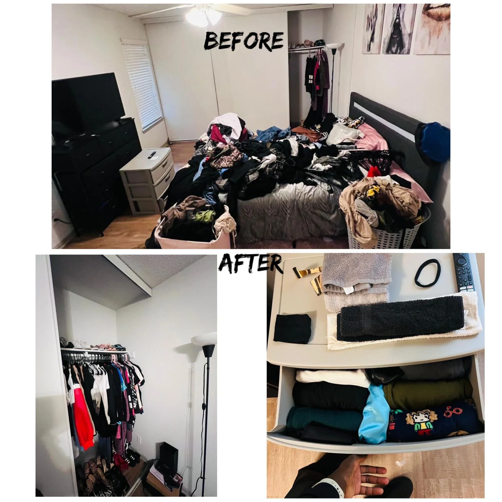 Comparison of a messy bedroom before and a clean closet and organized drawer after cleaning.