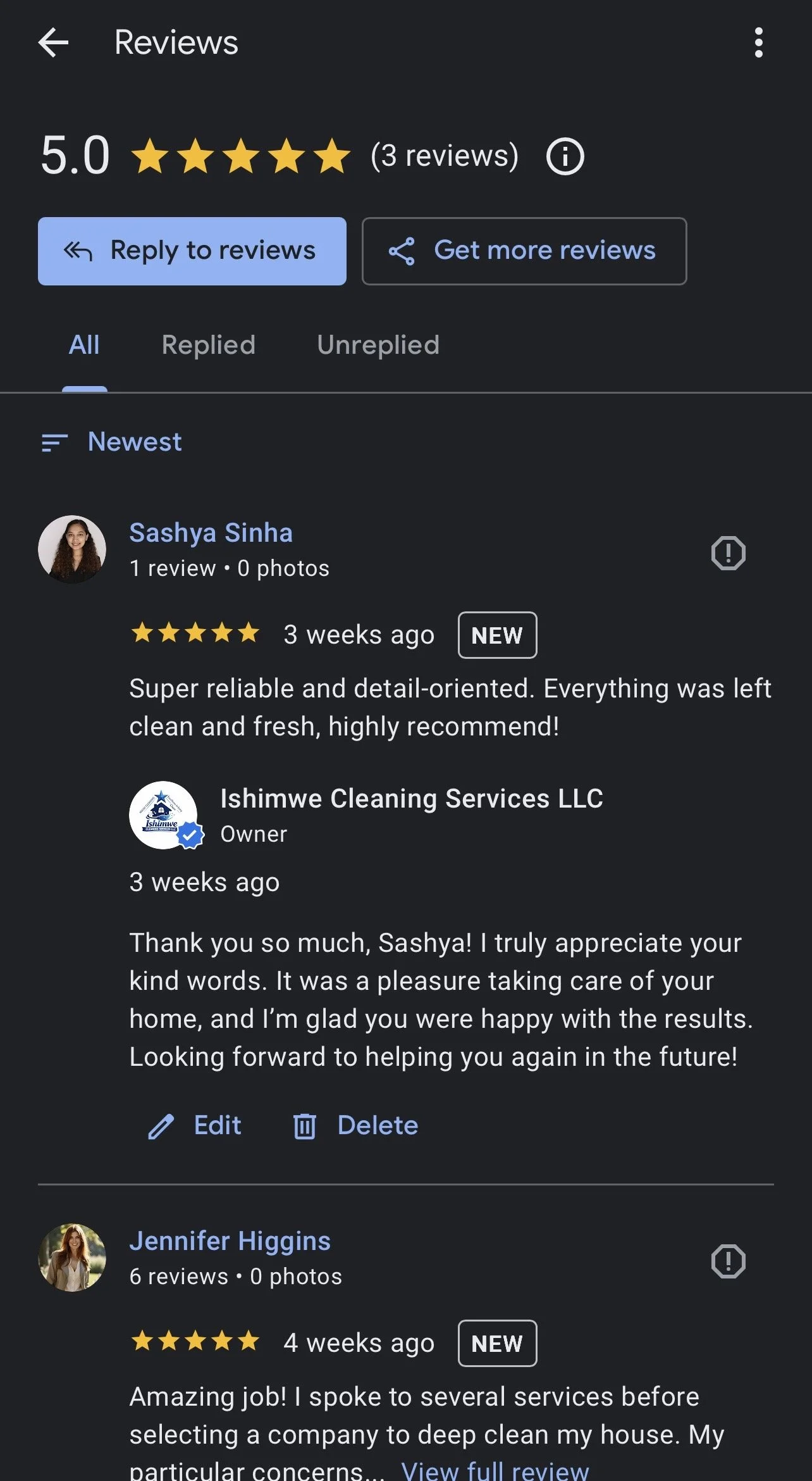 5-star Google review for Ishimwe Cleaning Services LLC
