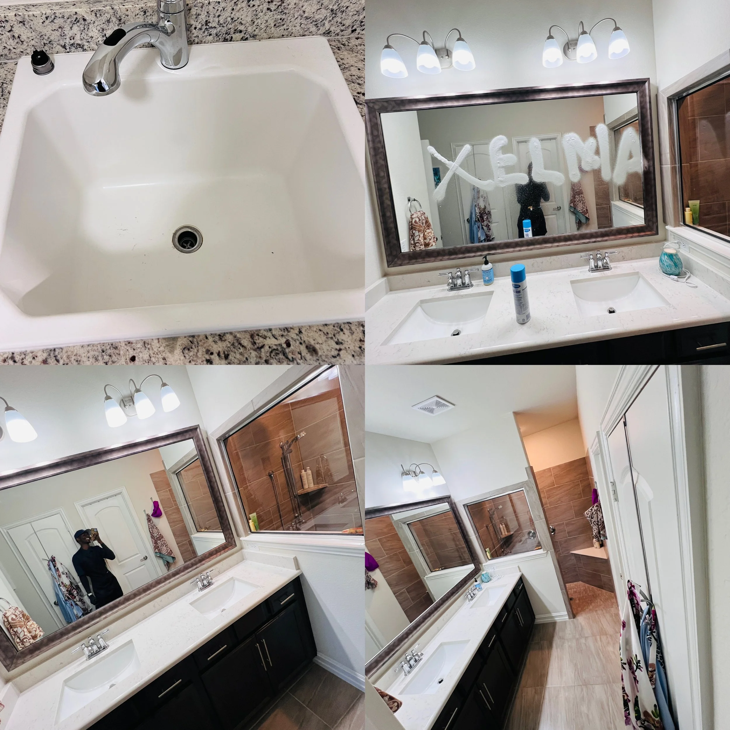 A bathroom vanity with two sinks, a large mirror, bright light fixtures, and various items on the countertop. The mirror has the word 'HELLO' written in foam.