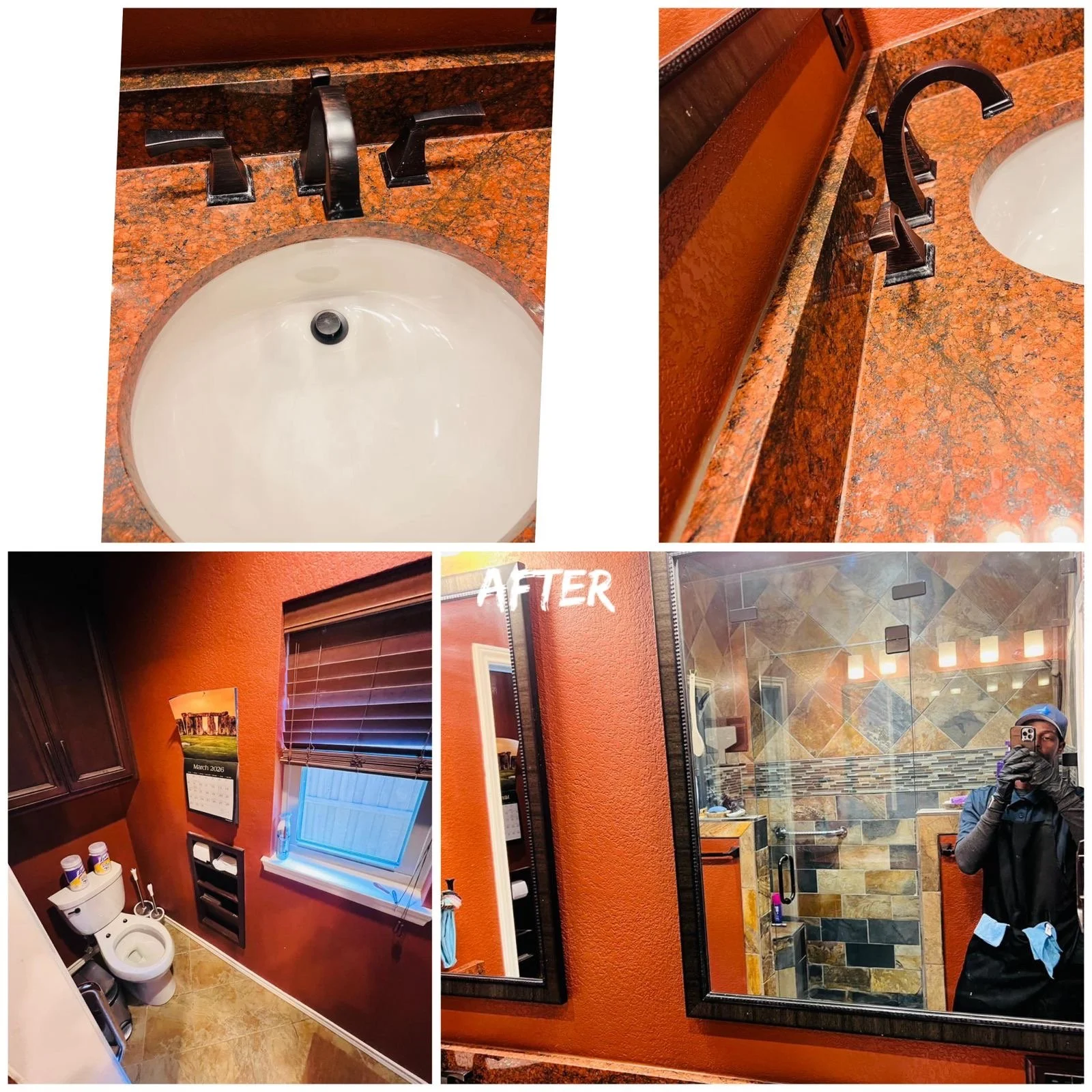 Before and after photos of a renovated bathroom showcasing a red granite countertop with a sink and black faucet, a new tiled shower with a person taking a mirror selfie inside, and a toilet area with orange walls, a calendar, and a window.