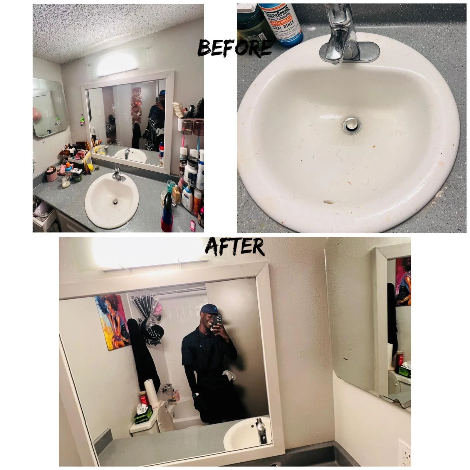 Comparison of a bathroom before and after cleaning. The 'before' section shows a cluttered sink area with various toiletries, a large mirror with water spots, and a dirty sink. The 'after' section shows a clean, organized sink area with a large mirro