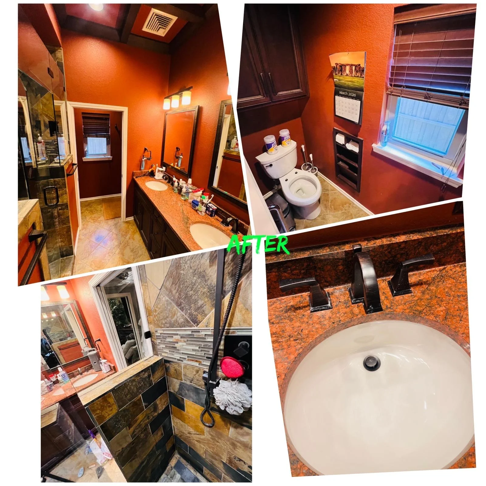 Collage of bathroom before and after renovation including a double sink vanity, toilet, walk-in shower, and sink with granite countertop in a warm-colored room.