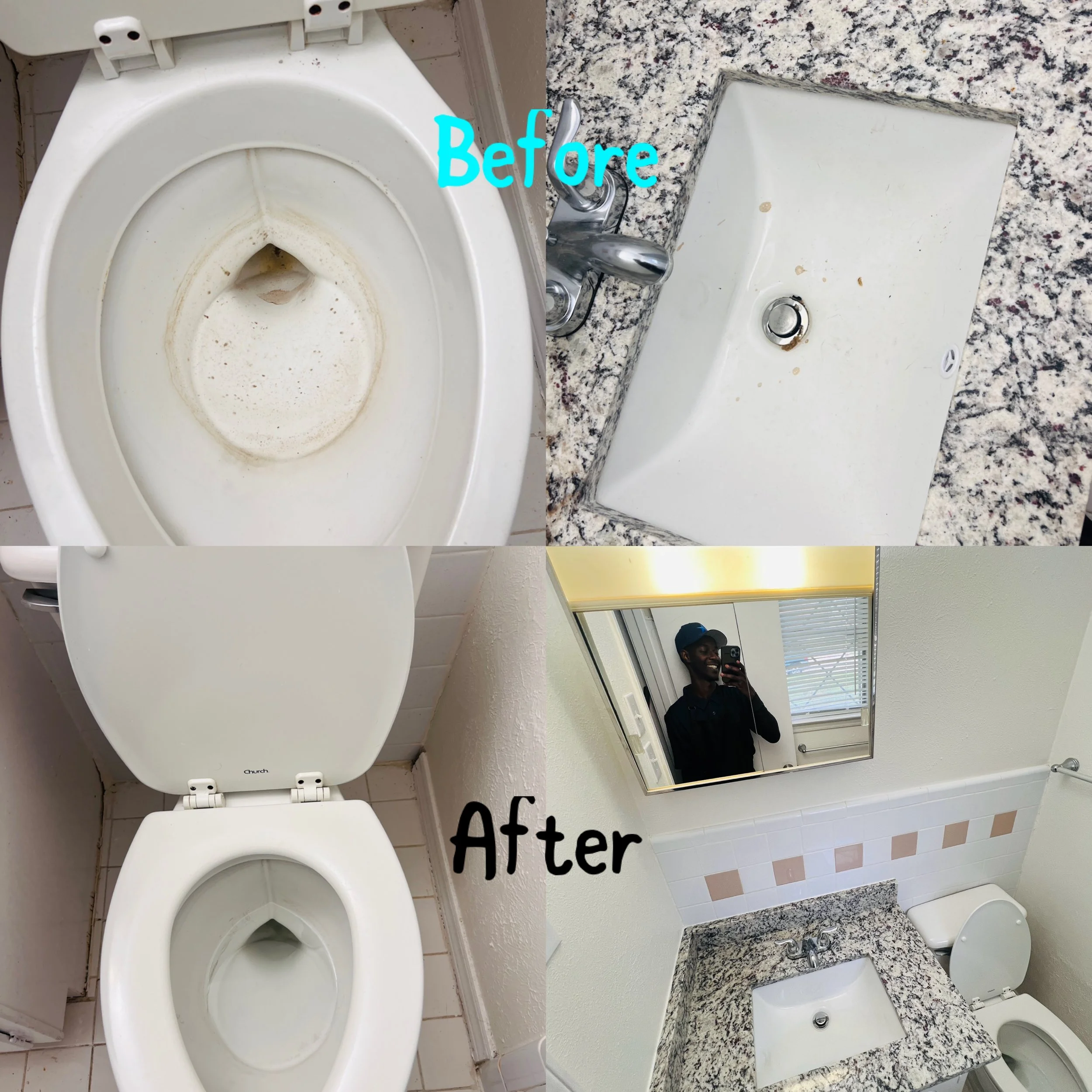 Top left: Dirty toilet bowl, top right: Clean bathroom sink with granite countertop, bottom left: Clean toilet, bottom right: Clean bathroom mirror and sink with granite countertop and a person taking a selfie in the mirror.