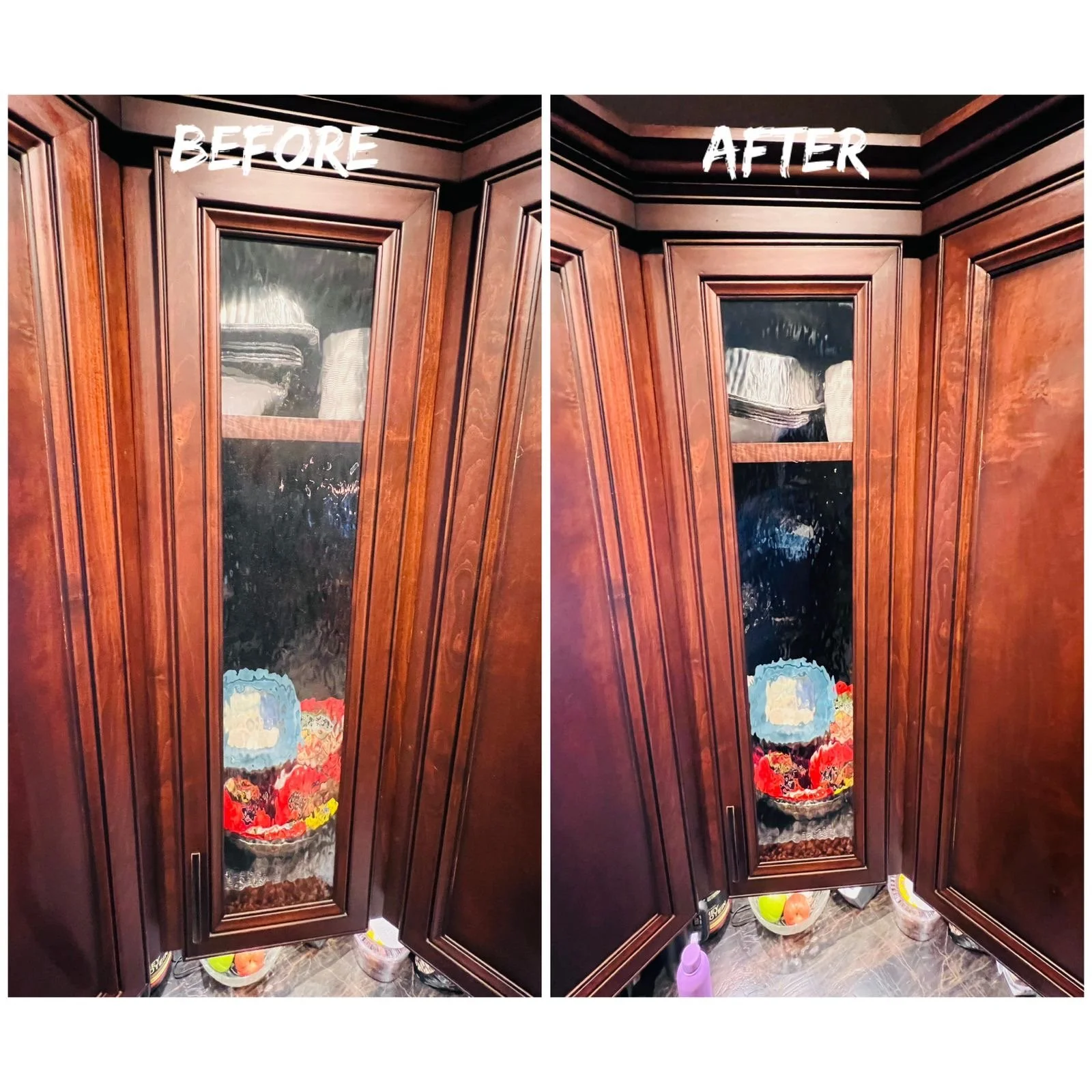 Wooden kitchen cabinets before and after cleaning, showing a clearer, shinier surface in the after image.