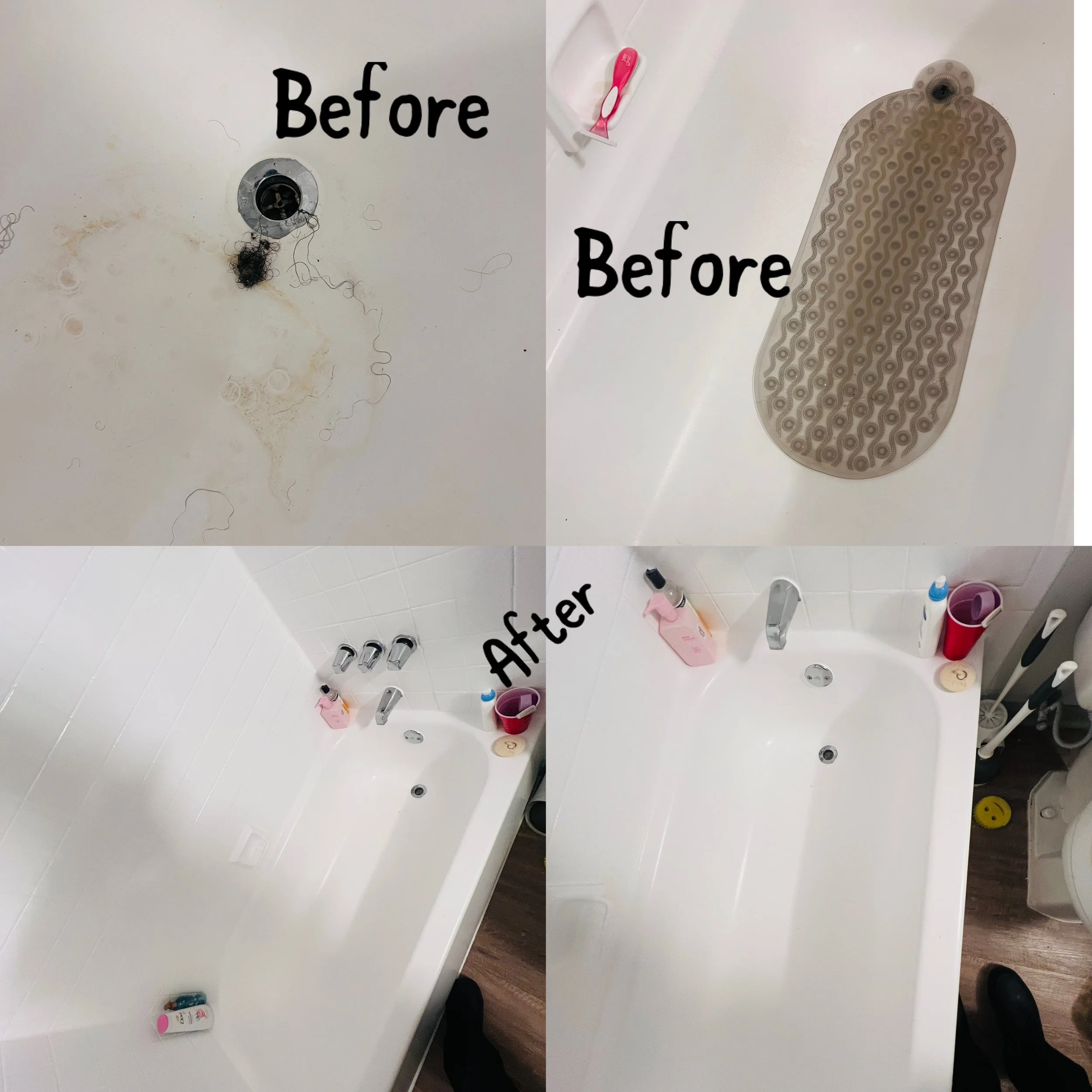 A collage showing the before and after of cleaning a bathtub and bathroom fixtures. The top left image displays a dirty bathtub with grime and hair. The top right image shows a bath mat placed in the clean tub. The bottom left image shows the bathtub