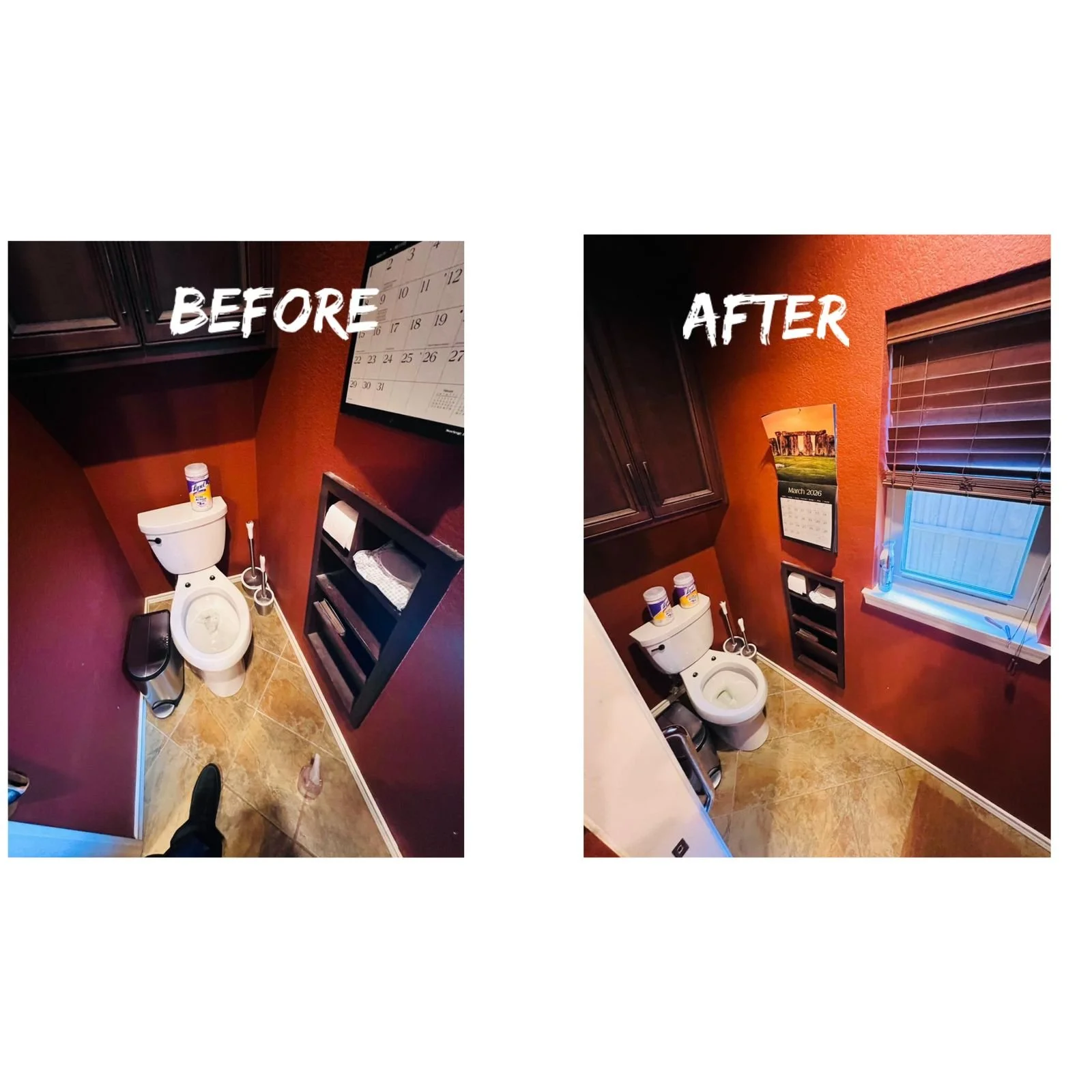 Comparison of a small bathroom before and after cleaning. Before: cluttered with cleaning supplies, dark walls. After: cleaner, organized, with a window open letting in light.