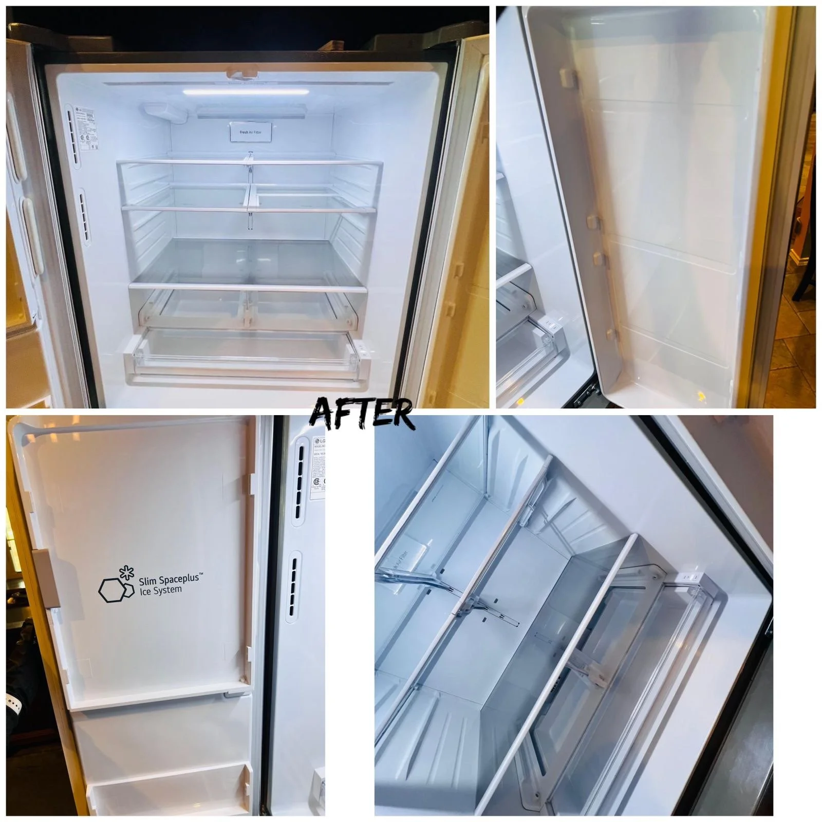 Empty modern refrigerator with multiple shelves, interior light, and a Slim SpacePlus ice system.