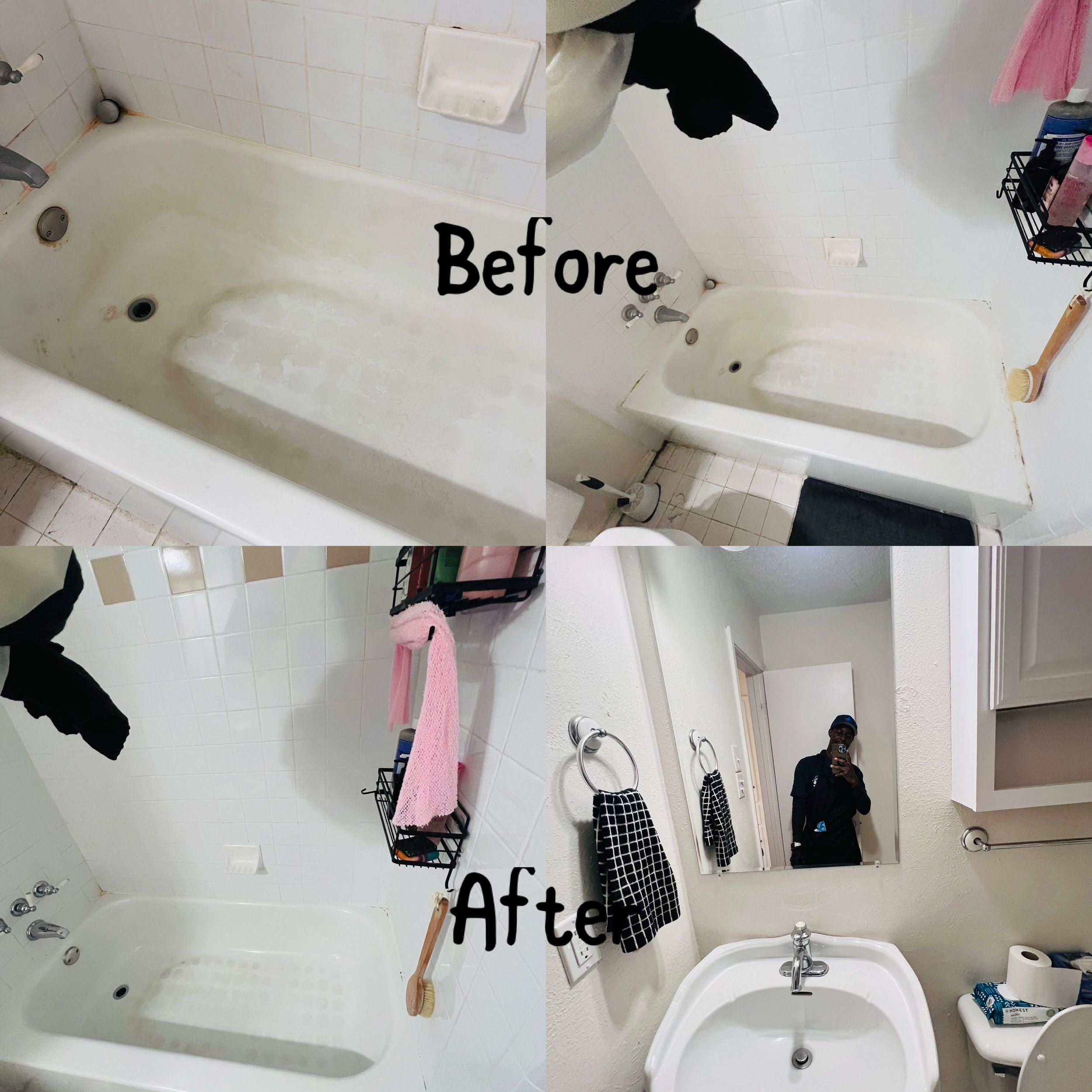 Before and after photos of a bathroom, showing a dirty bathtub and a clean, refurbished bathroom with a new sink and mirror.