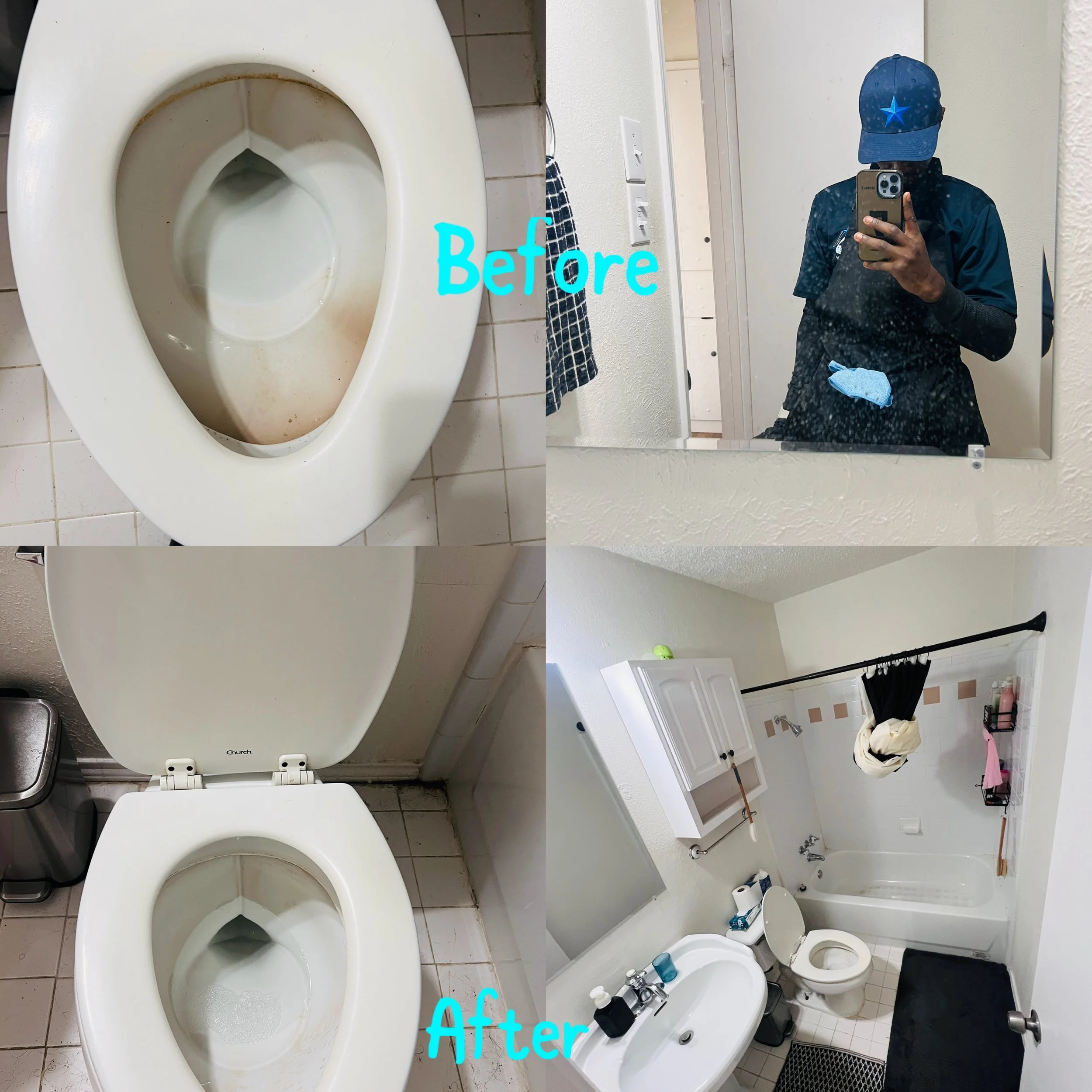 Comparison of a bathroom before and after cleaning, showing a dirty toilet and a clean bathroom interior.