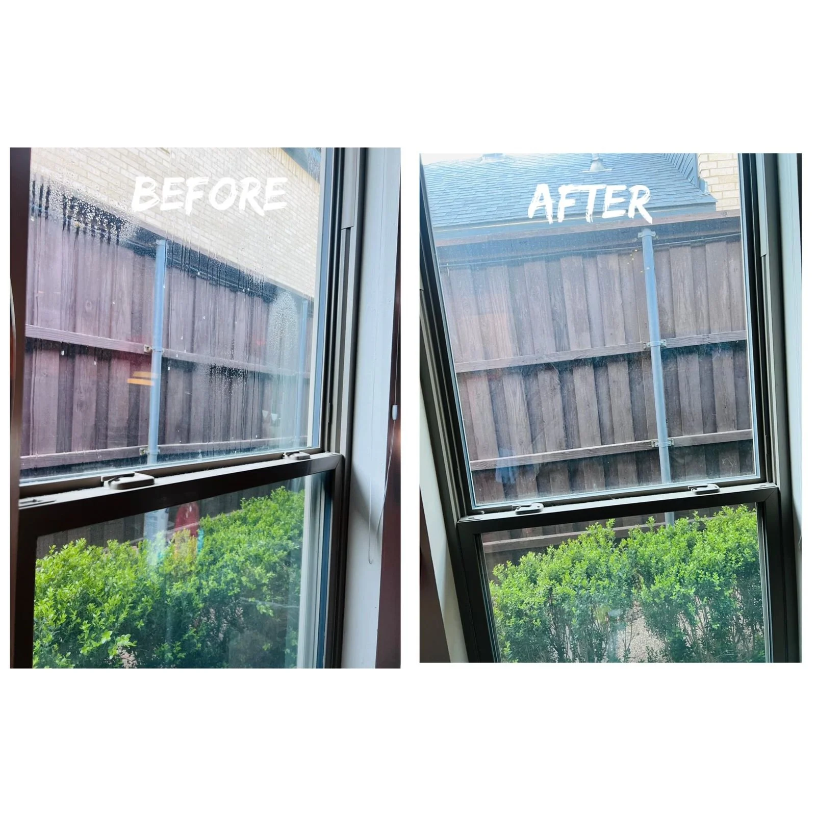 Side-by-side comparison of a window before and after cleaning, with the 'before' showing a foggy, dirty glass and the 'after' showing a clear, clean glass with visible backyard scene.