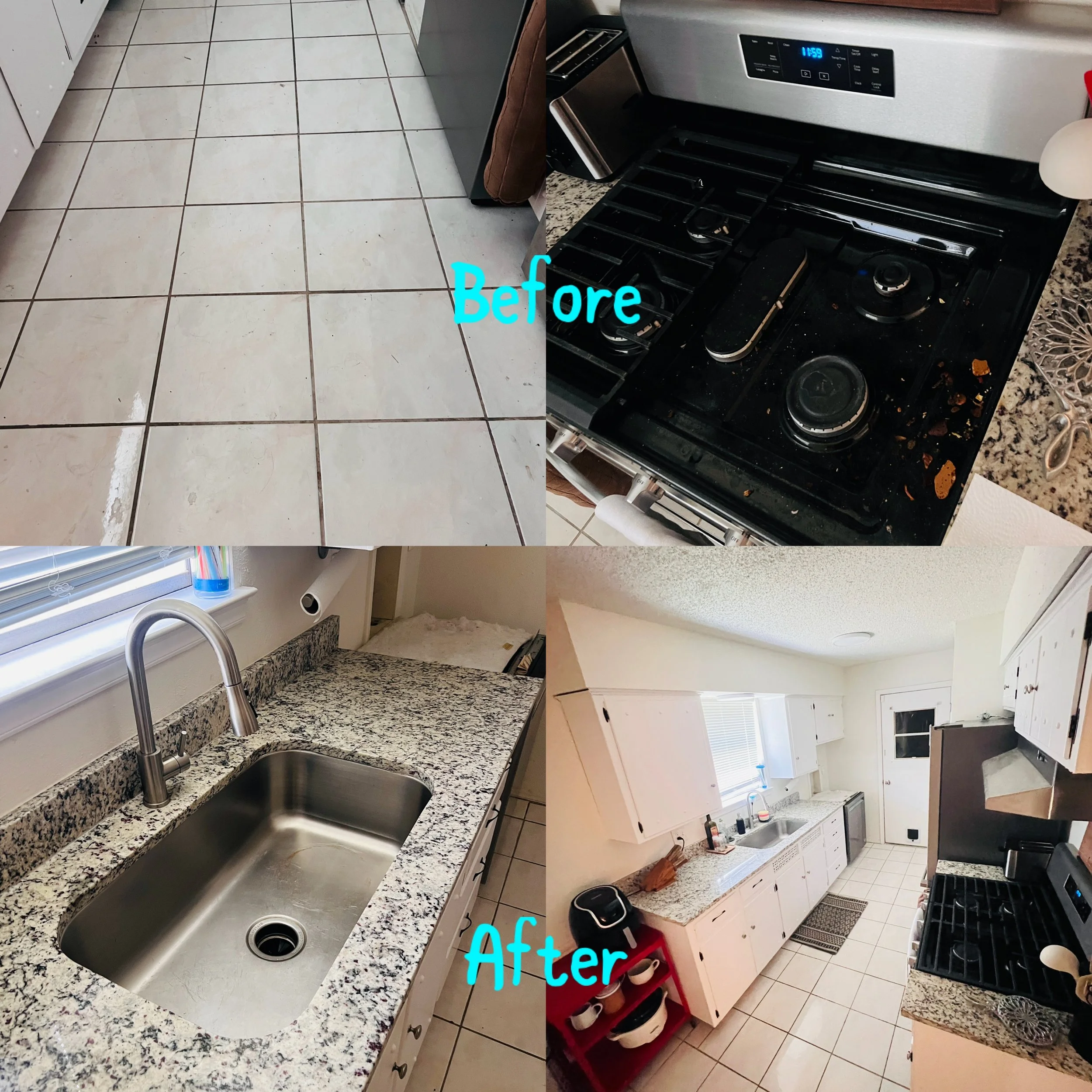 Top left: dirty beige tiled floor with white grout lines, bottom left: clean granite kitchen sink with a chrome faucet, top right: dirty stovetop with food residue and grime, bottom right: clean white kitchen with cabinets, countertops, and appliance