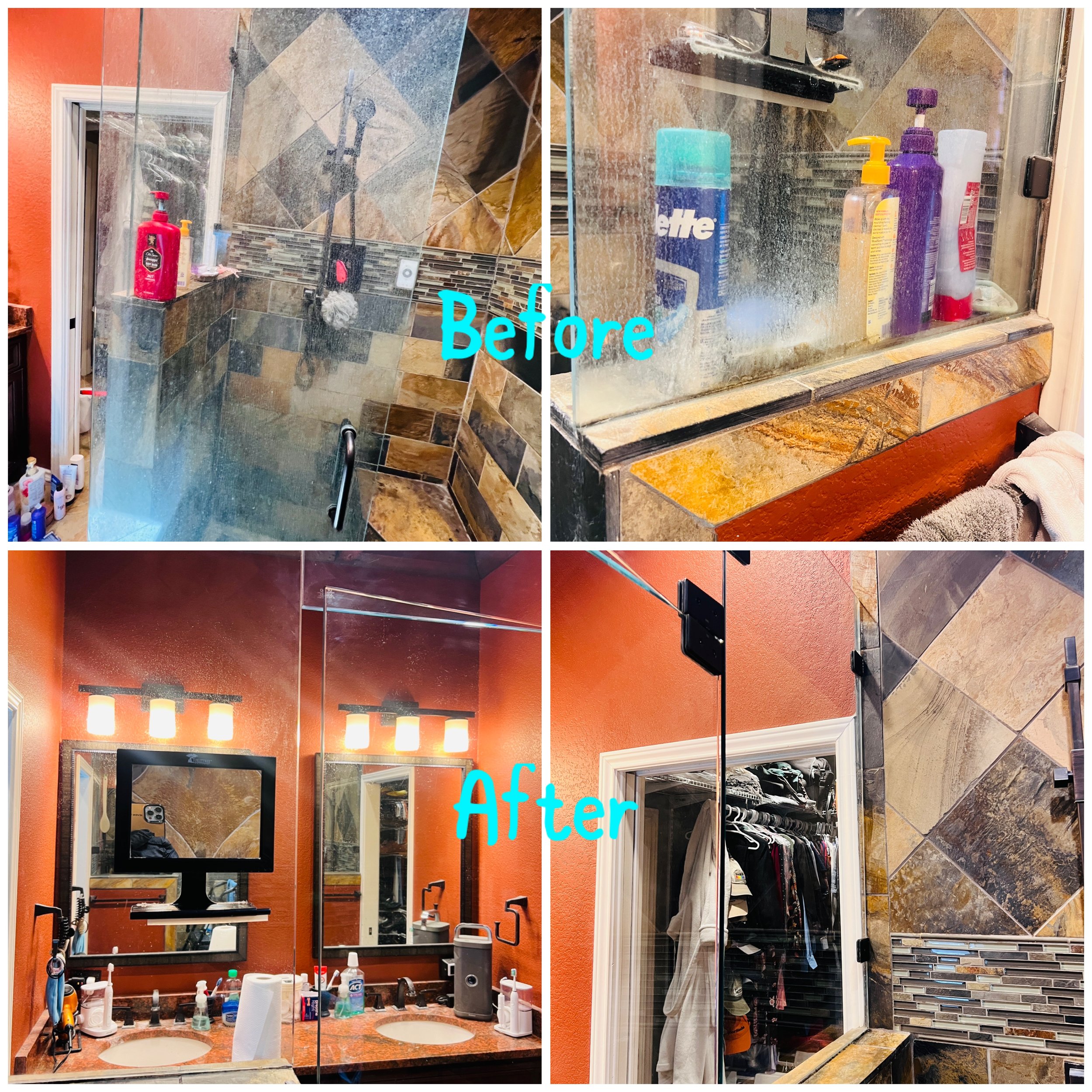 Before and after images of a bathroom renovation. The top images show a bathtub with a glass shower door and a counter with toiletries; the bottom images show a renovated bathroom with new mirror, lights, and organized closet.