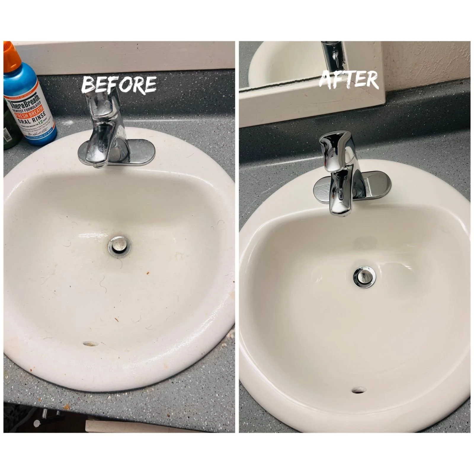 Side-by-side comparison of a bathroom sink before and after cleaning. The 'before' image shows a white sink with dirt and debris, while the 'after' image shows a clean, shiny sink.