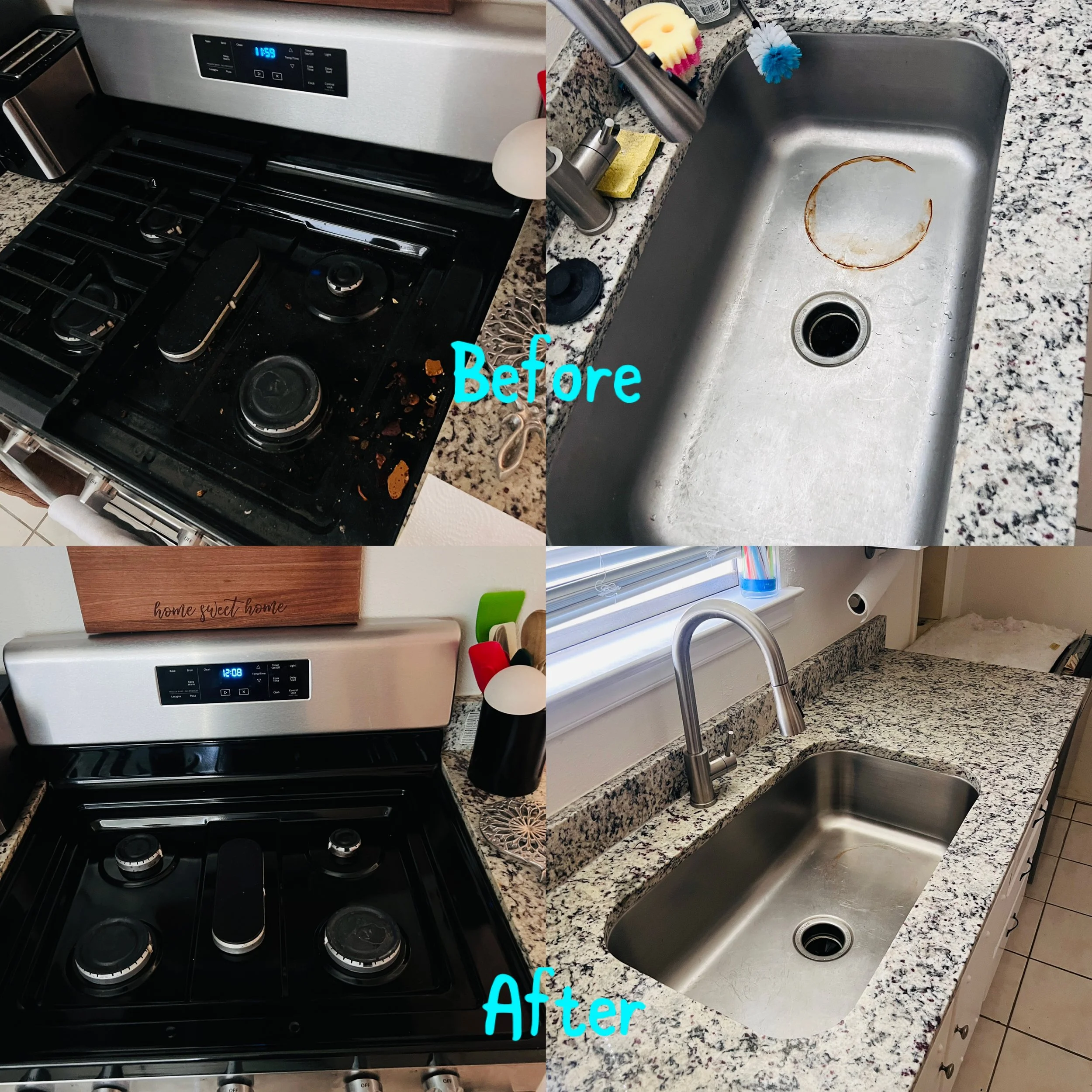 Comparison of a dirty stove, sink with stains, and a cluttered countertop labeled 'Before' with a clean stove, spotless sink, and tidy countertop labeled 'After'.