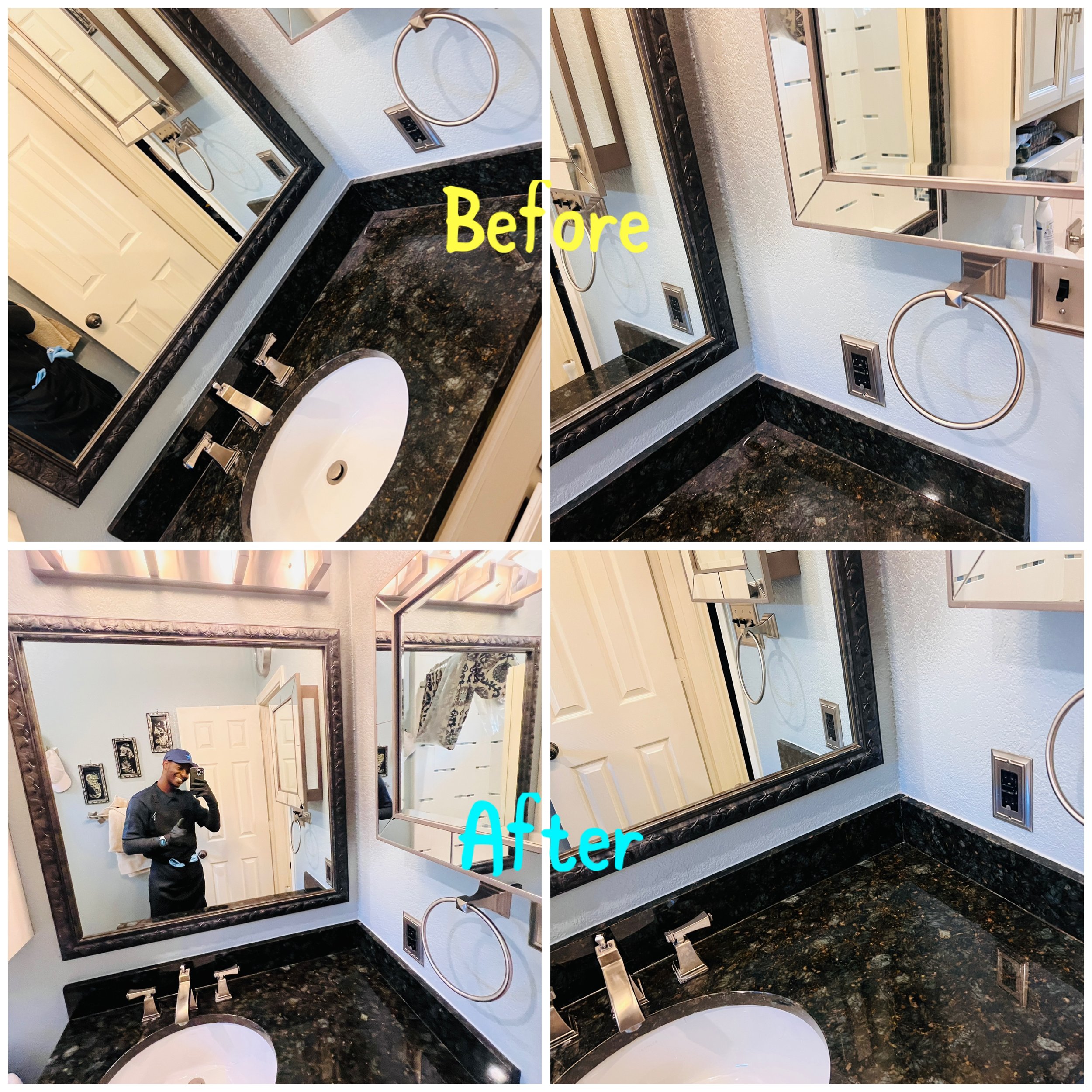 A bathroom before and after renovation showing a black granite countertop with a white sink and a mirror, with the 'before' image on top and 'after' below, highlighting the changes made.