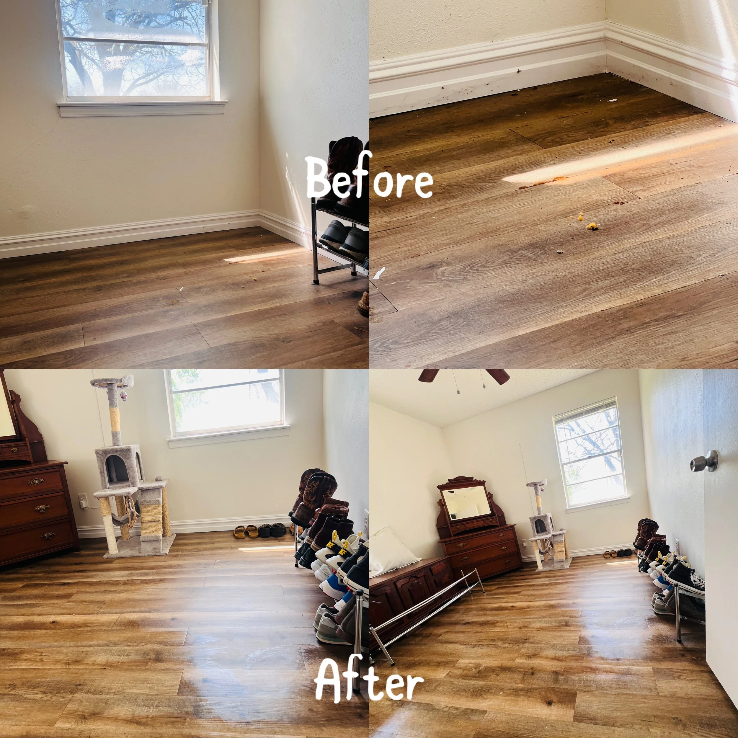 Before and after images of a room with hardwood flooring. The top images show the room before cleaning, with visible debris and dog hair on the floor. The bottom images show the room after cleaning, with the floor thoroughly cleaned and organized, a 