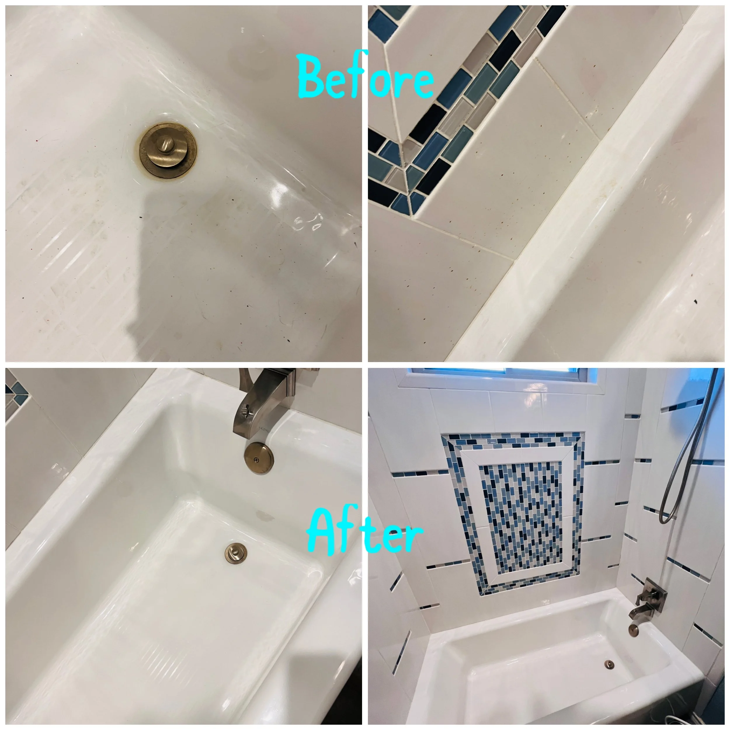 A bathroom shower area with a before and after cleaning comparison. The 'before' shows a shower floor and wall with grime and discoloration, while the 'after' shows a clean, white shower with a decorative tile pattern and clear surfaces.
