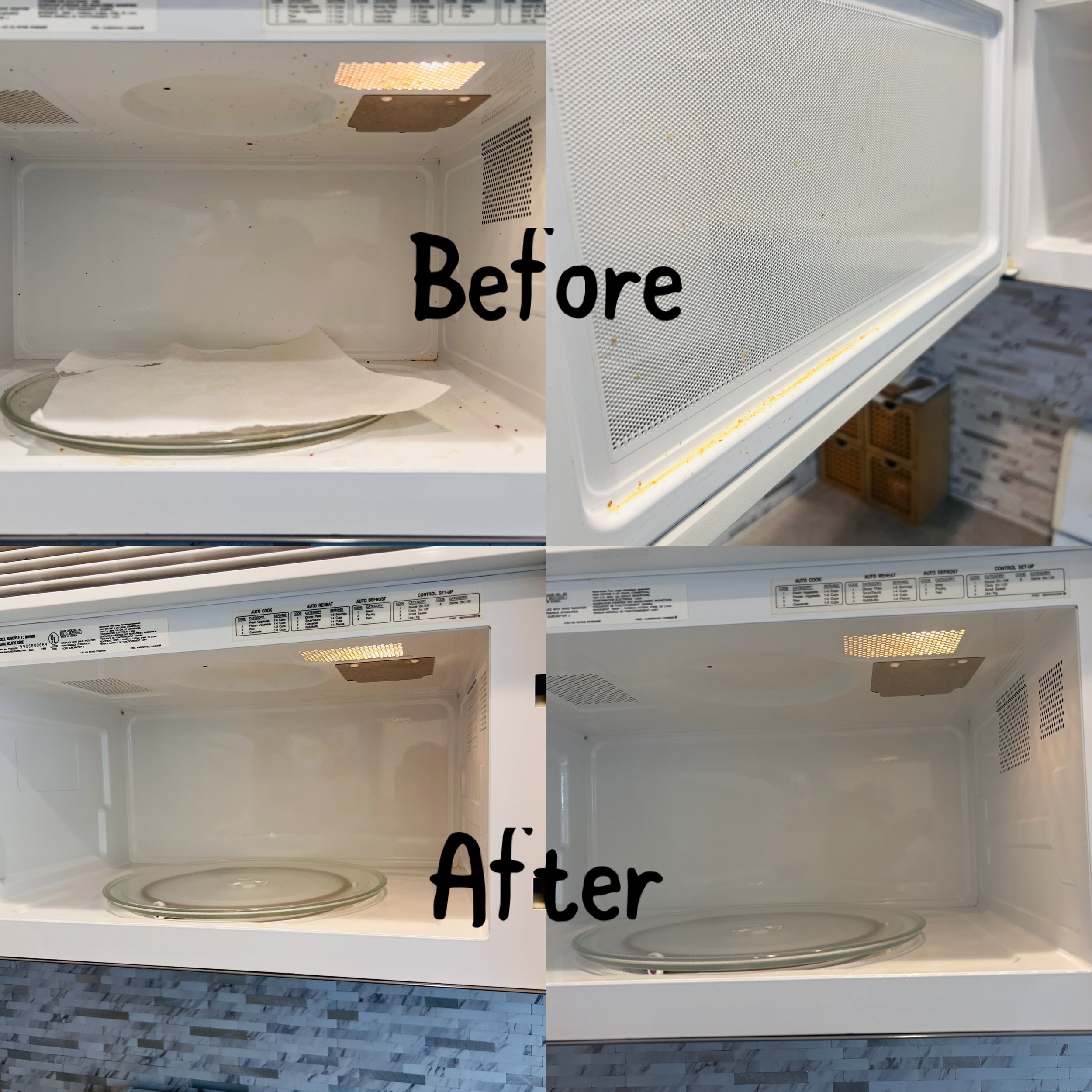 Side-by-side comparison of the inside of a microwave oven before and after cleaning. The 'Before' image shows the microwave with dirt and food stains, while the 'After' image shows a clean interior with no stains.