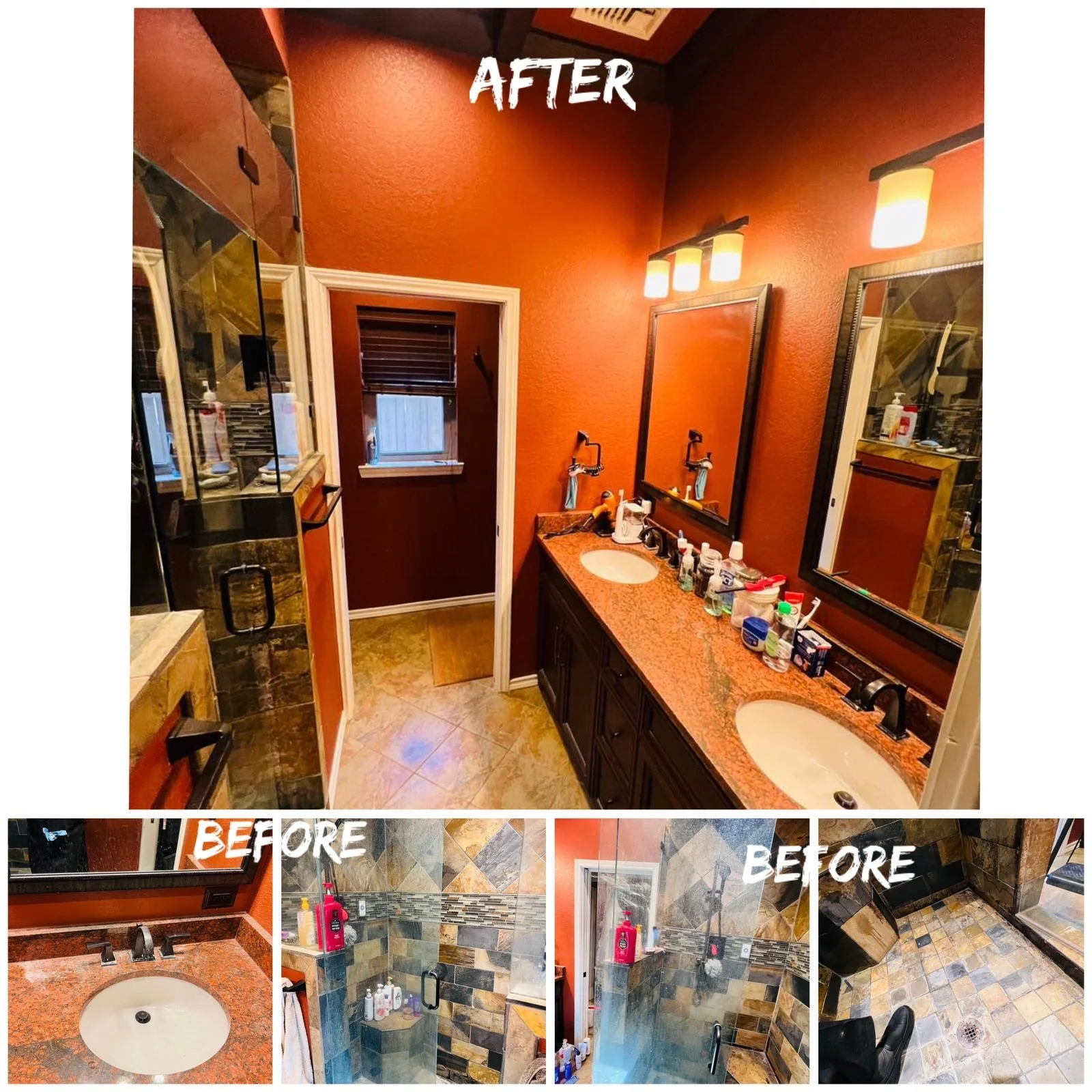 Bathroom renovation showing a large double vanity with a granite countertop, two mirrors, and four wall-mounted light fixtures. The bathroom features warm wall colors, with a walk-in shower and a separate small room behind a door with a window. The s
