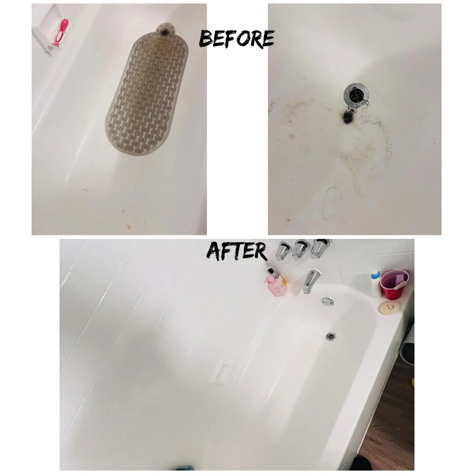Comparison of a bathroom before and after cleaning. The top left shows a dirty bathtub and the top right shows the tub drain area. The bottom photo shows a clean, white bathtub after cleaning.