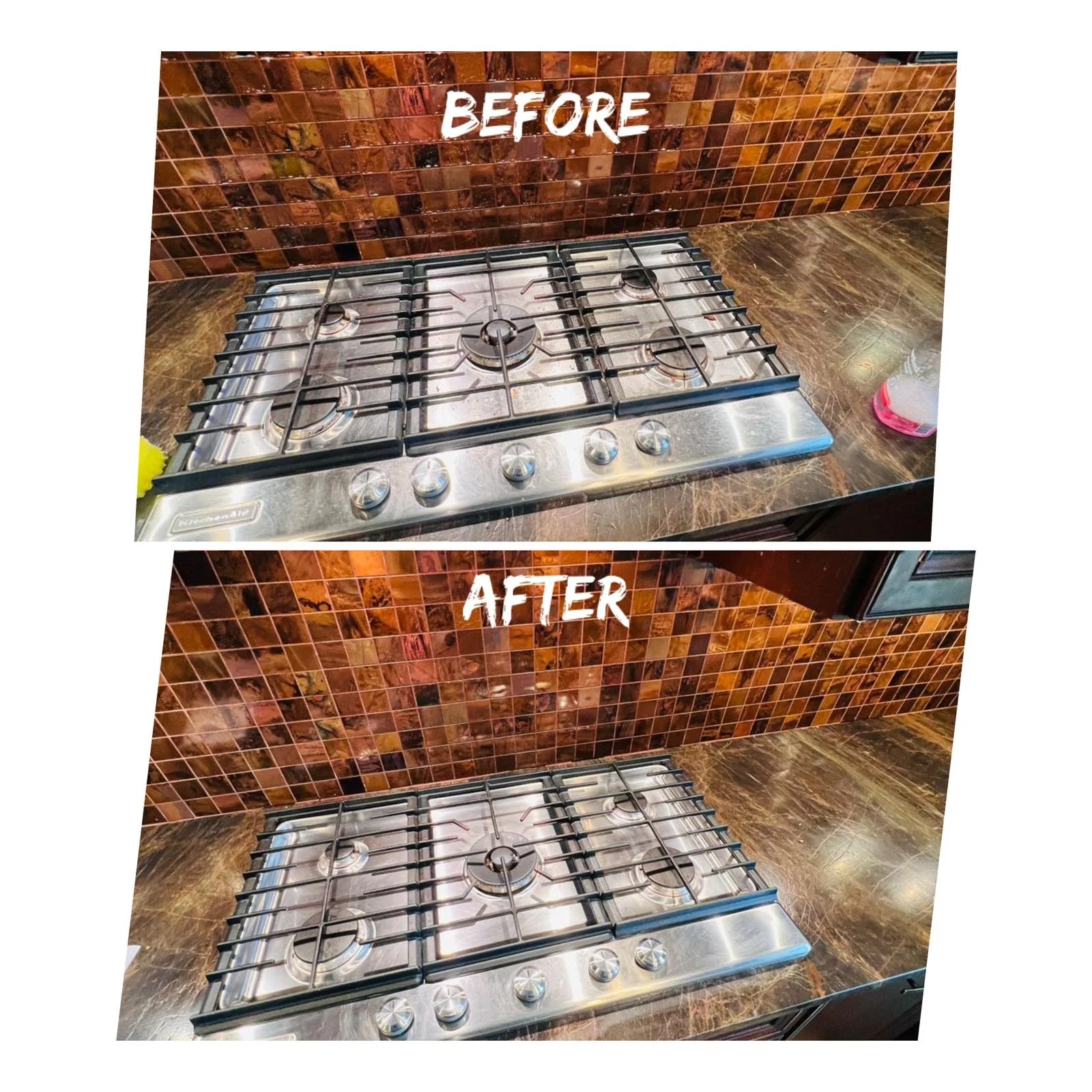 Comparison of a stainless steel gas stove on a wooden countertop with a brown tiled backsplash, showing before and after cleaning; the stove appears cleaner and shinier after cleaning.
