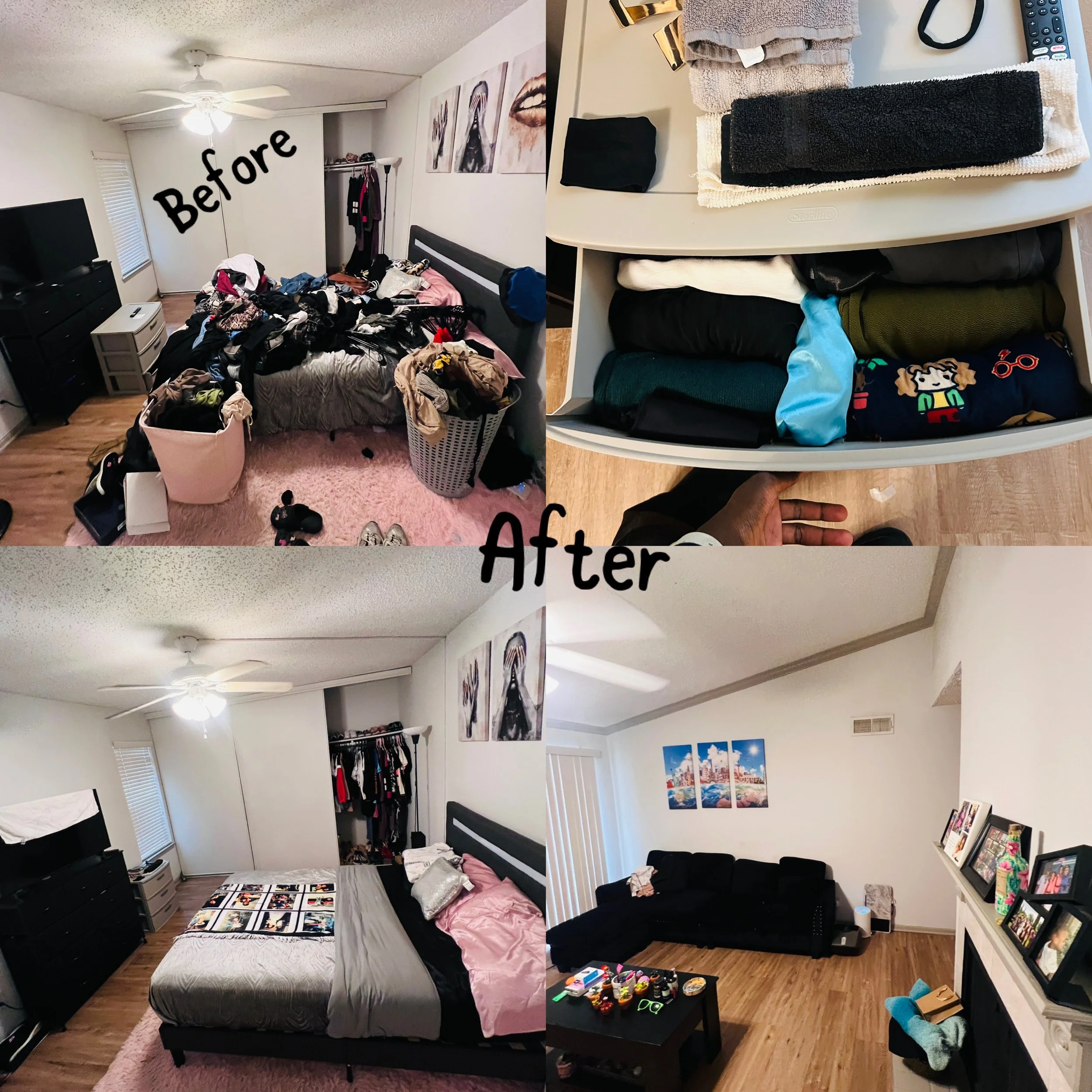 Comparison of a bedroom before and after organizing; the 'before' shows a cluttered bed with clothes and trash, while the 'after' shows a tidy bed and a clean room with decorations and a sofa.