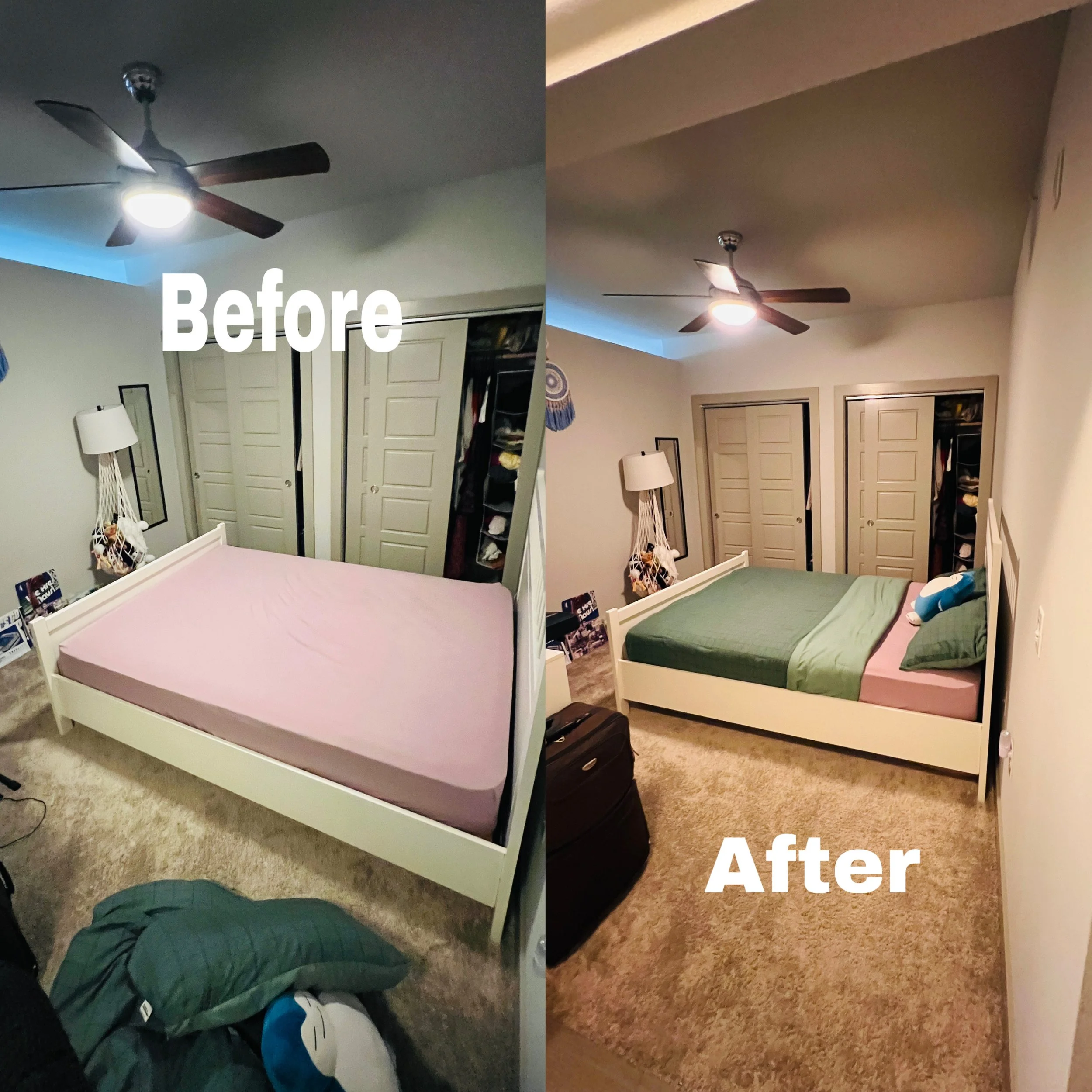 Side-by-side comparison of a bedroom before and after renovation. The 'Before' side shows a bed with a pink sheet, a ceiling fan, a closet with double doors, and clutter on the floor. The 'After' side displays a similar bed with a green blanket, a re