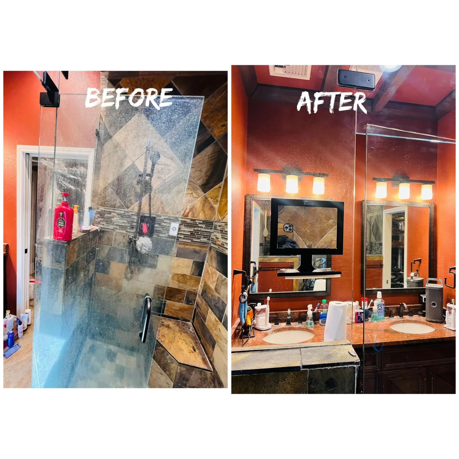 Side-by-side comparison of a bathroom shower before and after renovation. The 'before' image shows a small shower with a glass door, brown and beige tile walls, and visible shower products. The 'after' image shows a redesigned bathroom vanity with tw