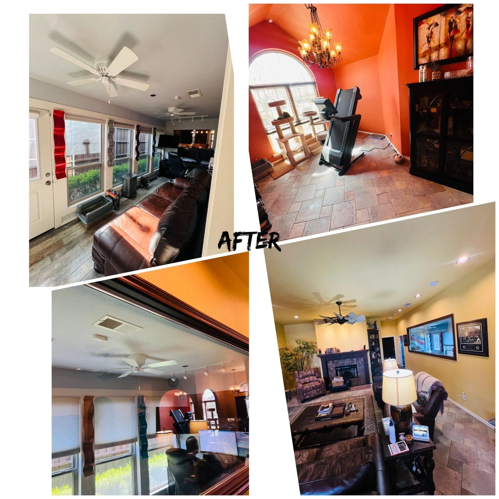 Collage of four before-and-after interior renovation photos of a living space. The top left photo shows a bright living room with a white ceiling fan, large windows, a brown leather sofa, and modern decor. The top right photo features a cozy corner w