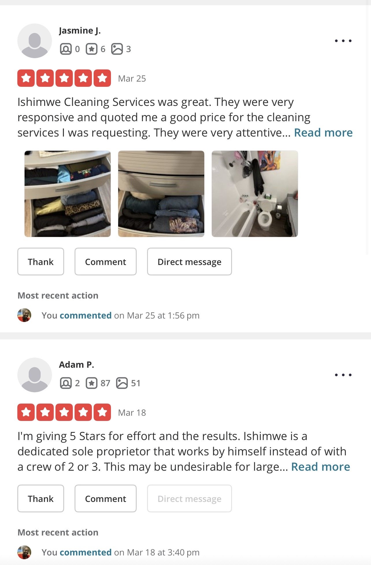Happy customer review for deep cleaning service by Ishimwe Cleaning Services LLC in Dallas TX