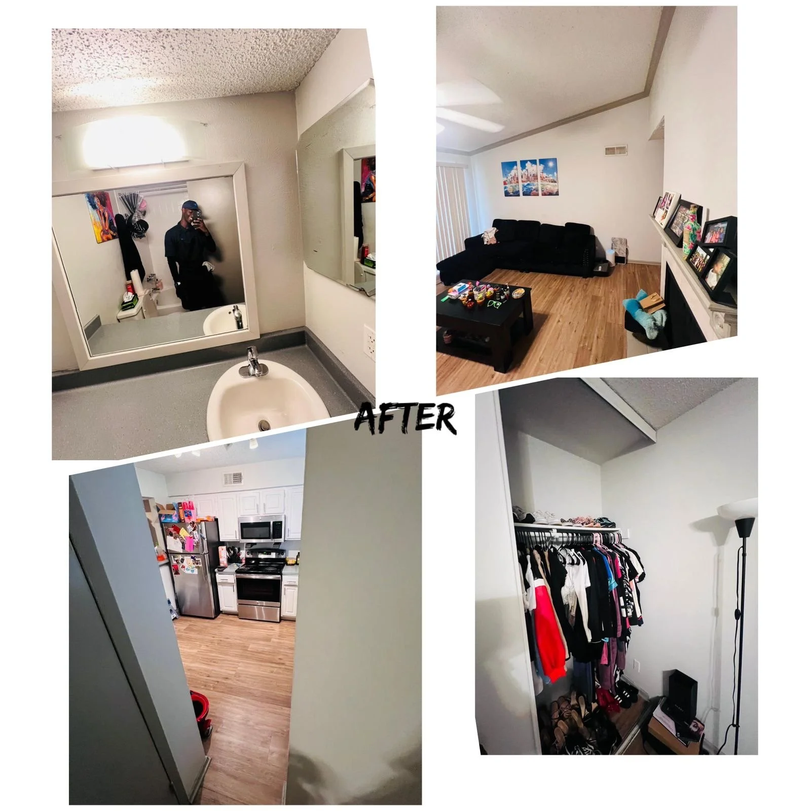 A collage of before-and-after photos showing a home renovation. The top left photo shows a bathroom with a large mirror, sink, and small countertop. The top right photo depicts a living room with a black couch, framed pictures, and a coffee table wit