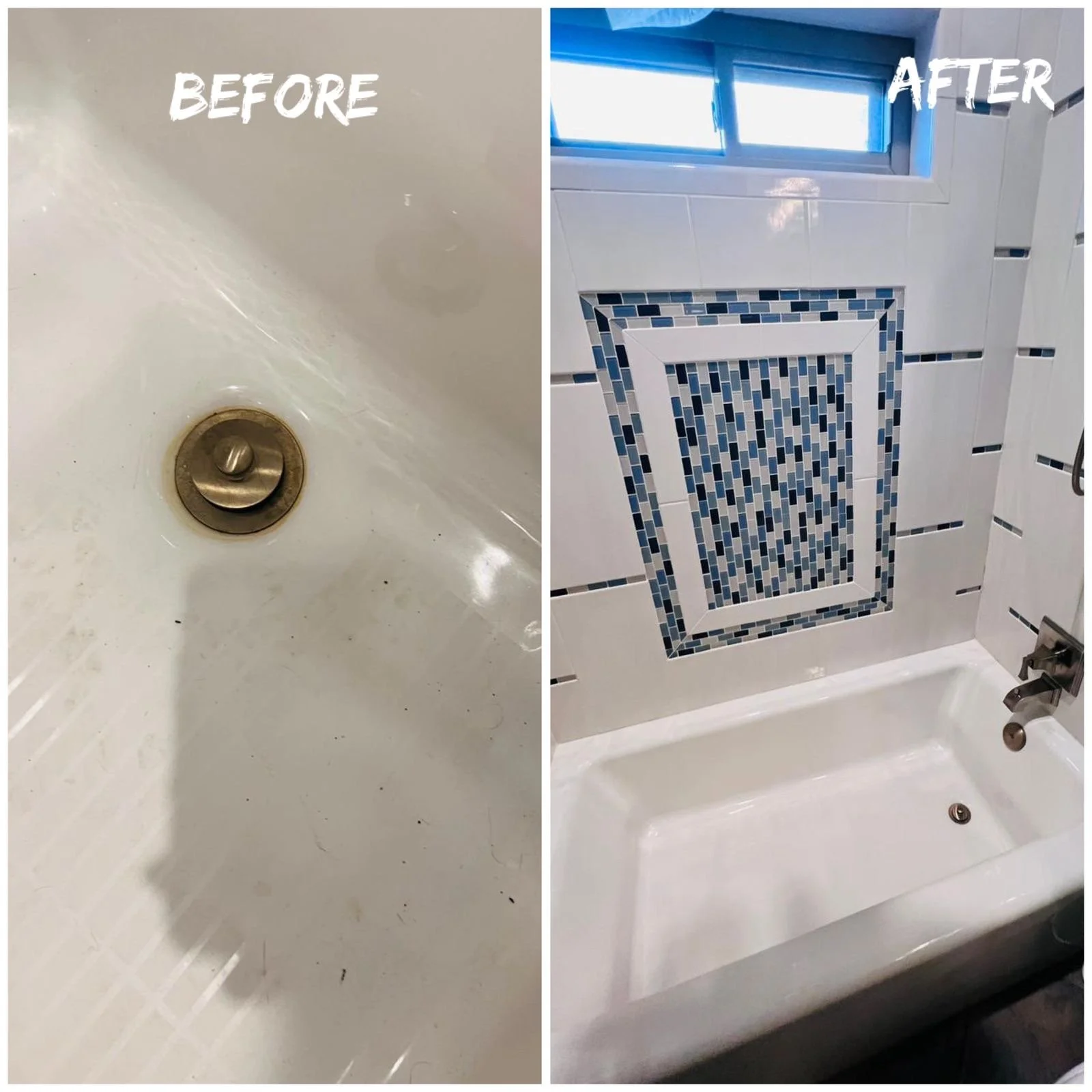 Comparison of a dirty bathtub drain before cleaning and a cleaned tiled bathtub wall after renovation, with a blue and white mosaic pattern and a small window.
