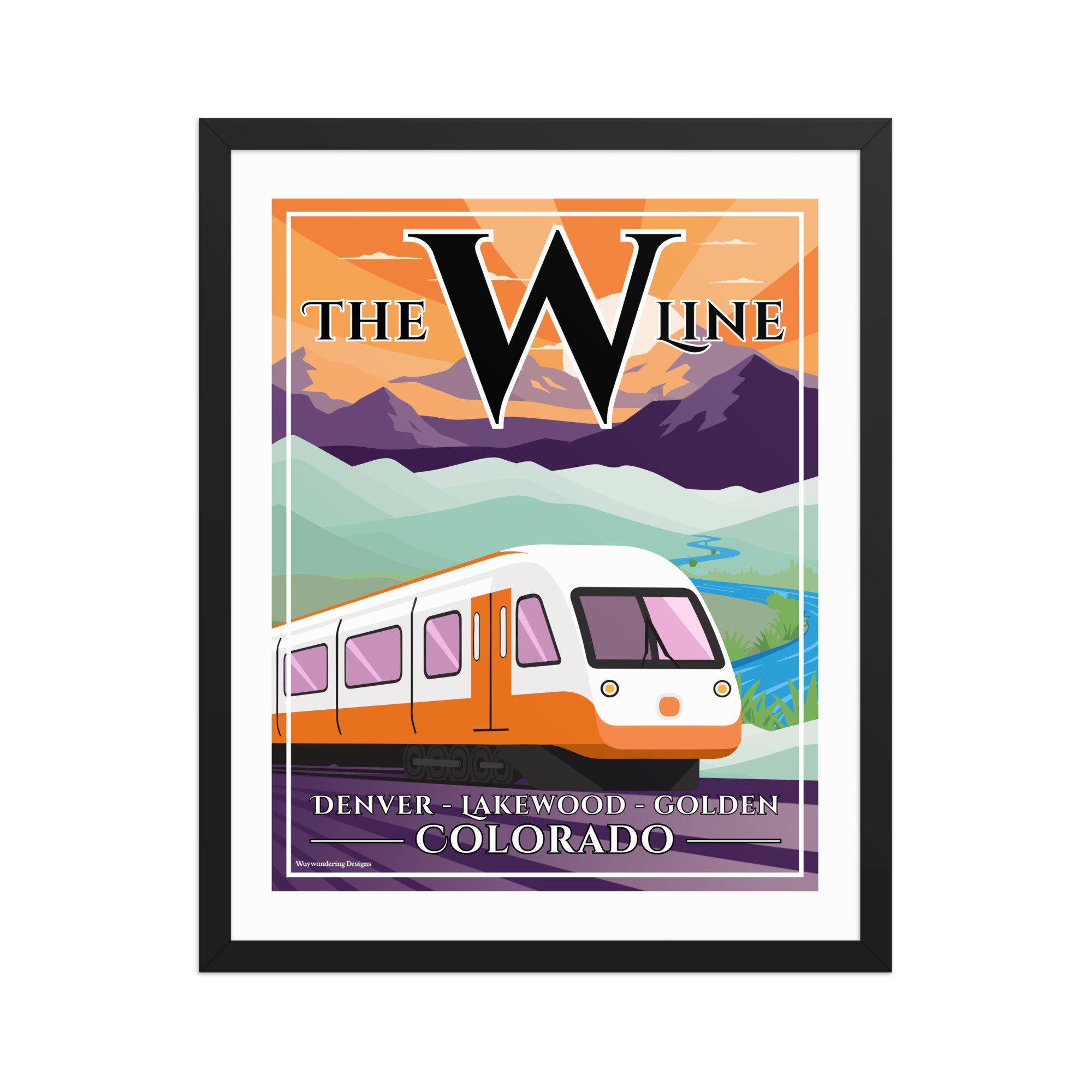 Denver W Line RTD light rail art print showing mountains, foothills, green space, and transit infrastructure at sunset.