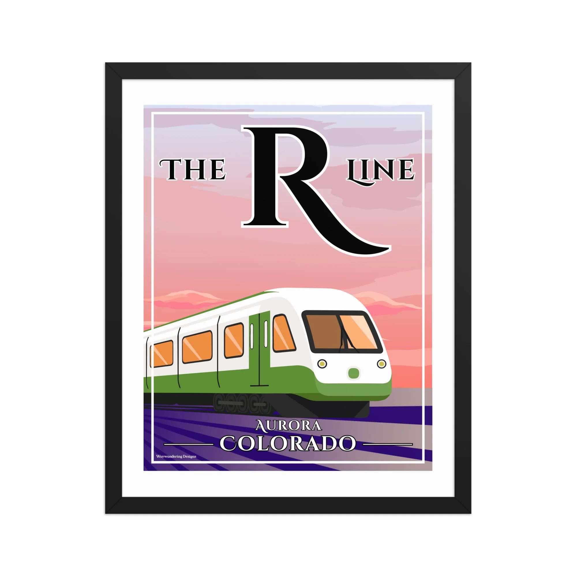 Aurora R Line RTD light rail art print with a pink sunrise over the high plains, connecting Aurora, Lone Tree, Centennial, and Greenwood Village.